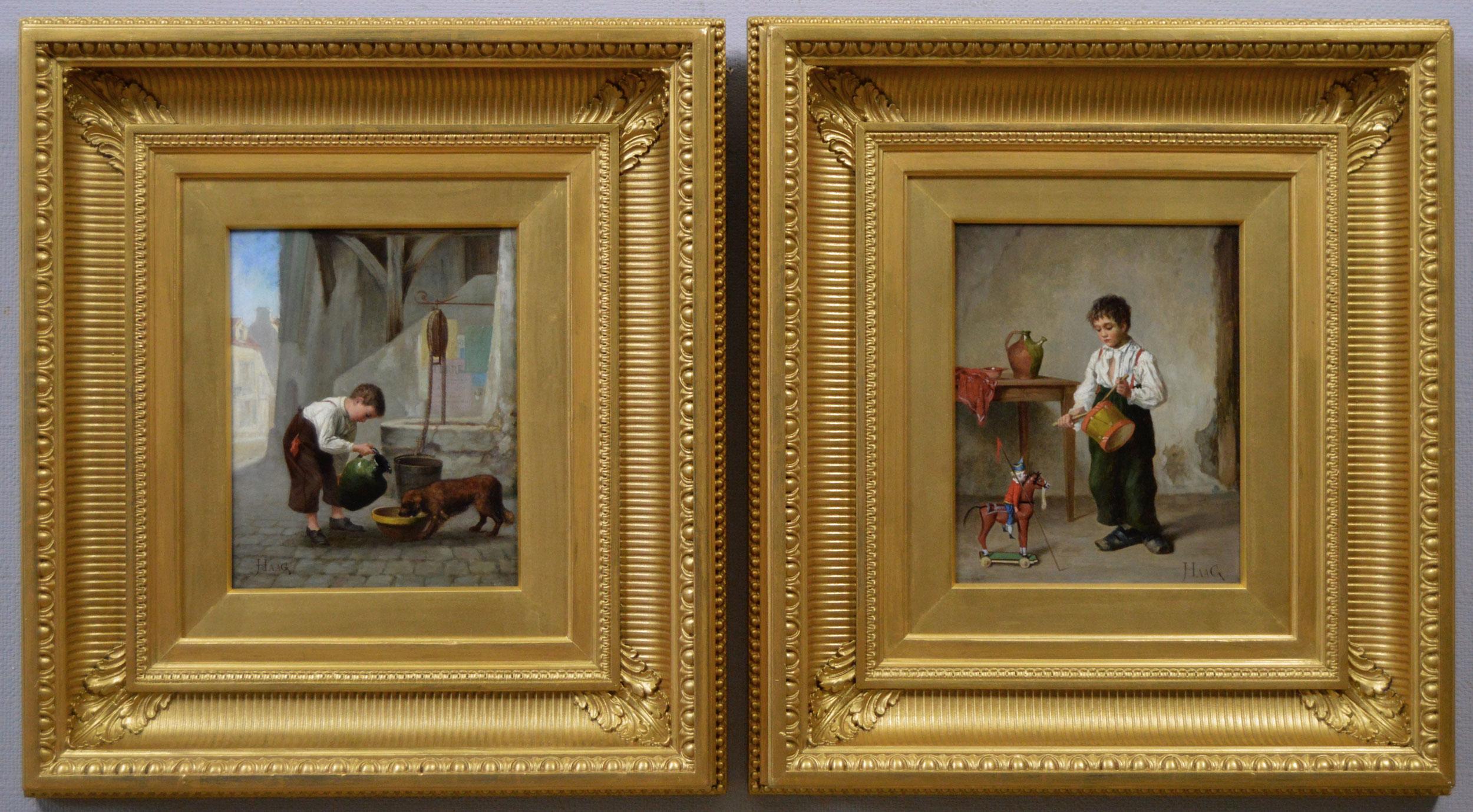 Coppia di dipinti ad olio di genere del XIX secolo raffiguranti dei bambini