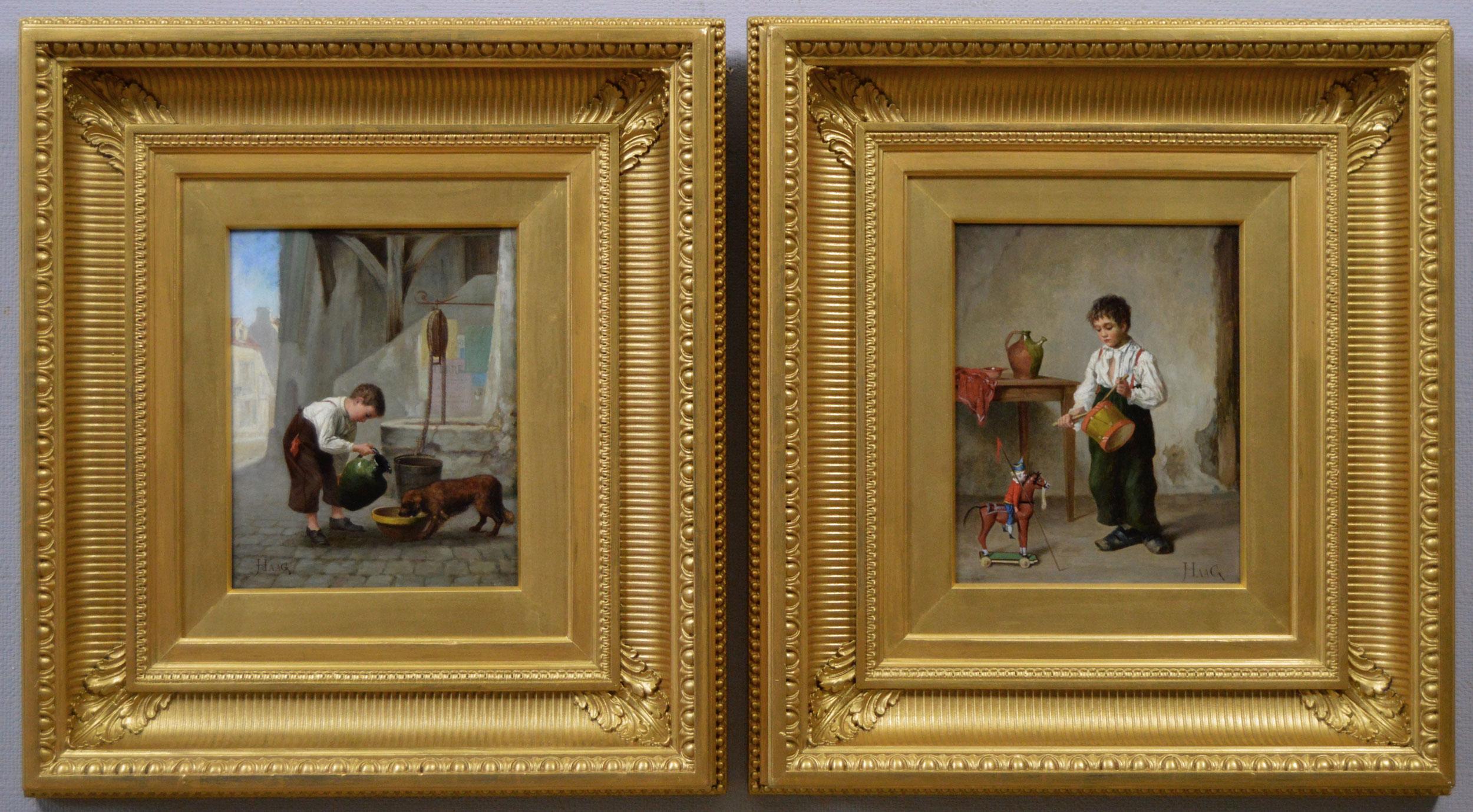 Jean Pierre Haag Interior Painting - Pair of 19th Century genre oil paintings of children