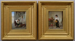 Paire de peintures à l'huile de genre du 19e siècle représentant des enfants