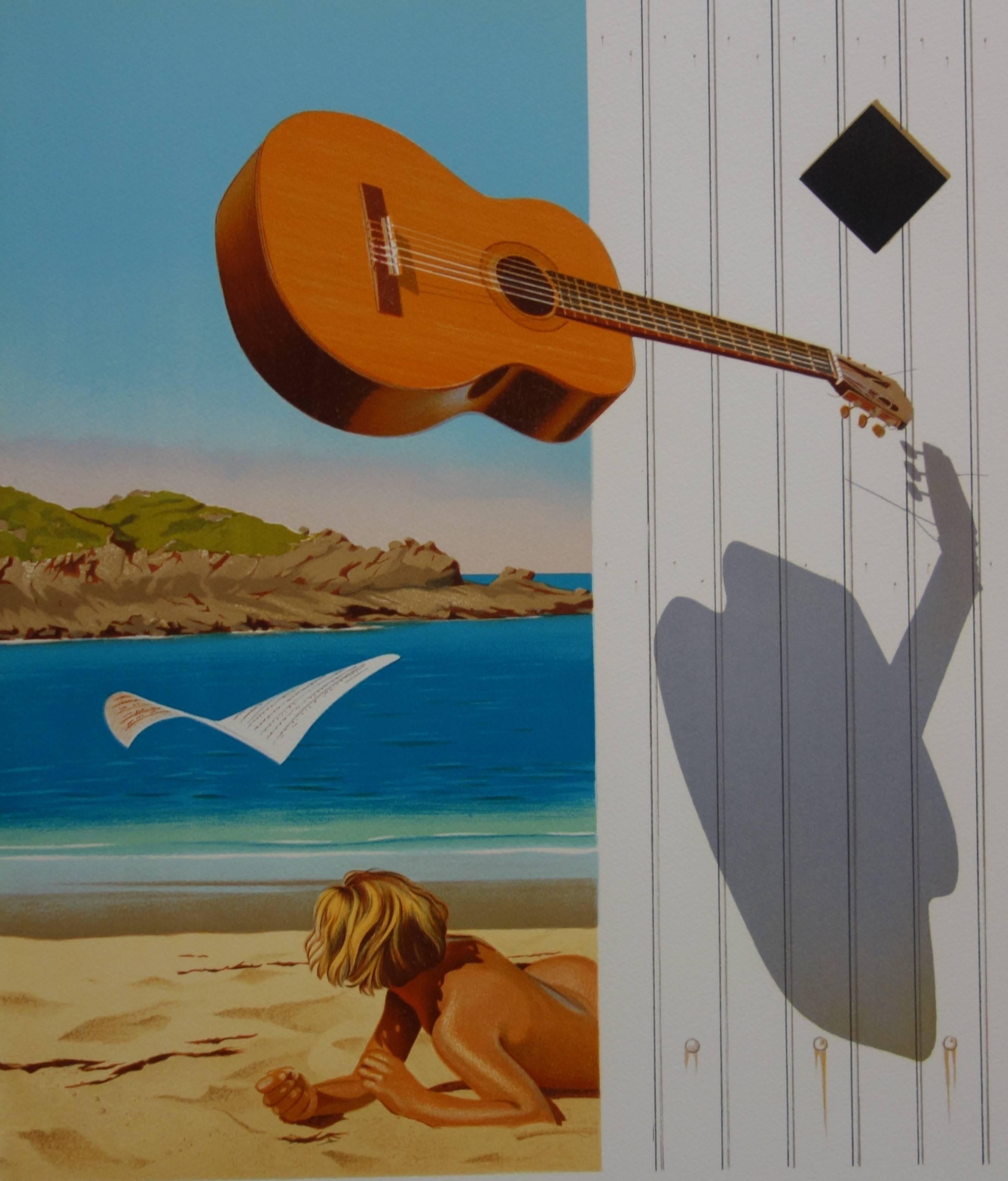 Surrealist Beach & Guitar - Original handsigned lithograph - Gray Figurative Print by Jean-Pierre Henaut