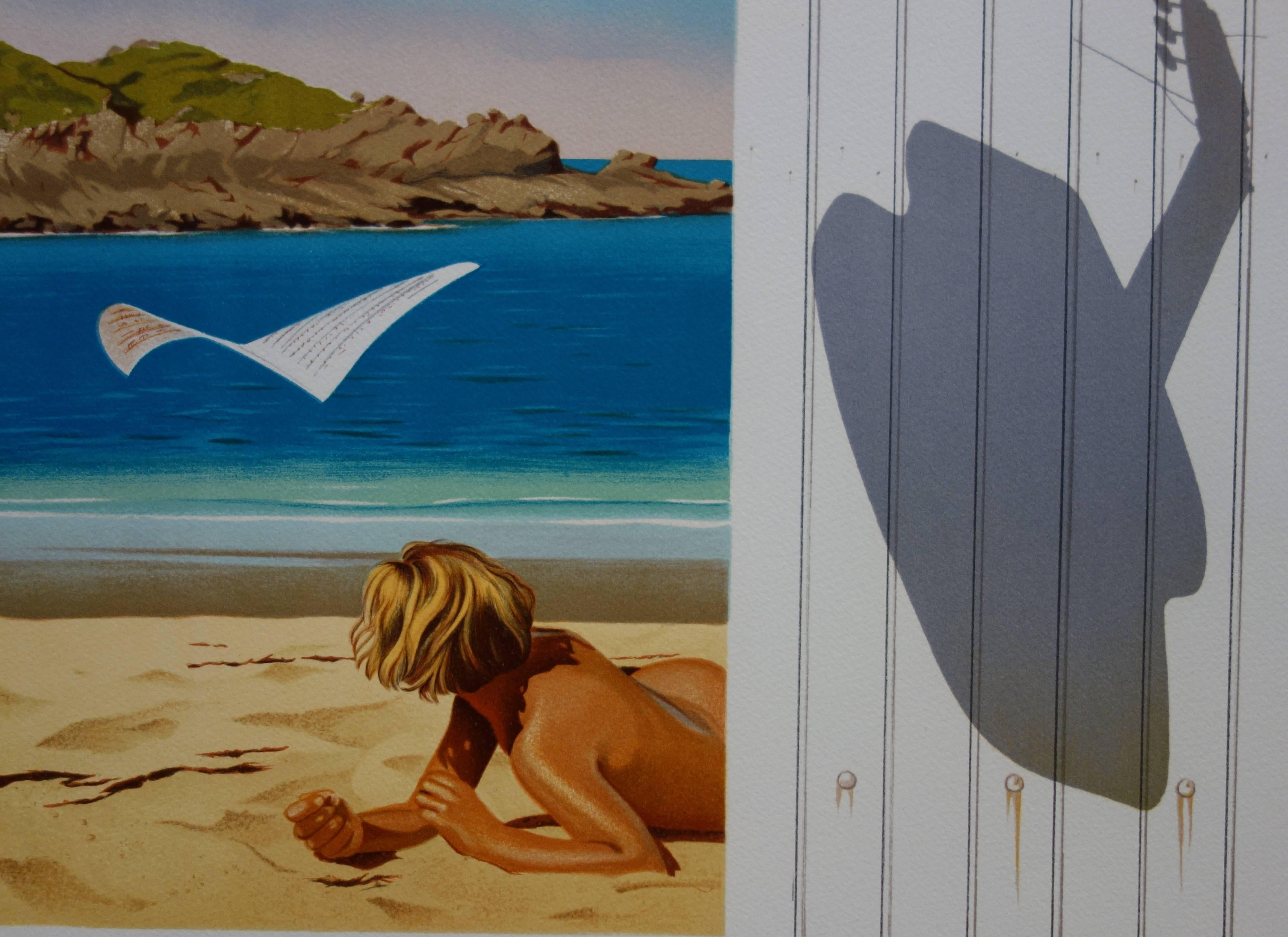 Surrealist Beach & Guitar - Original handsigned lithograph For Sale 1