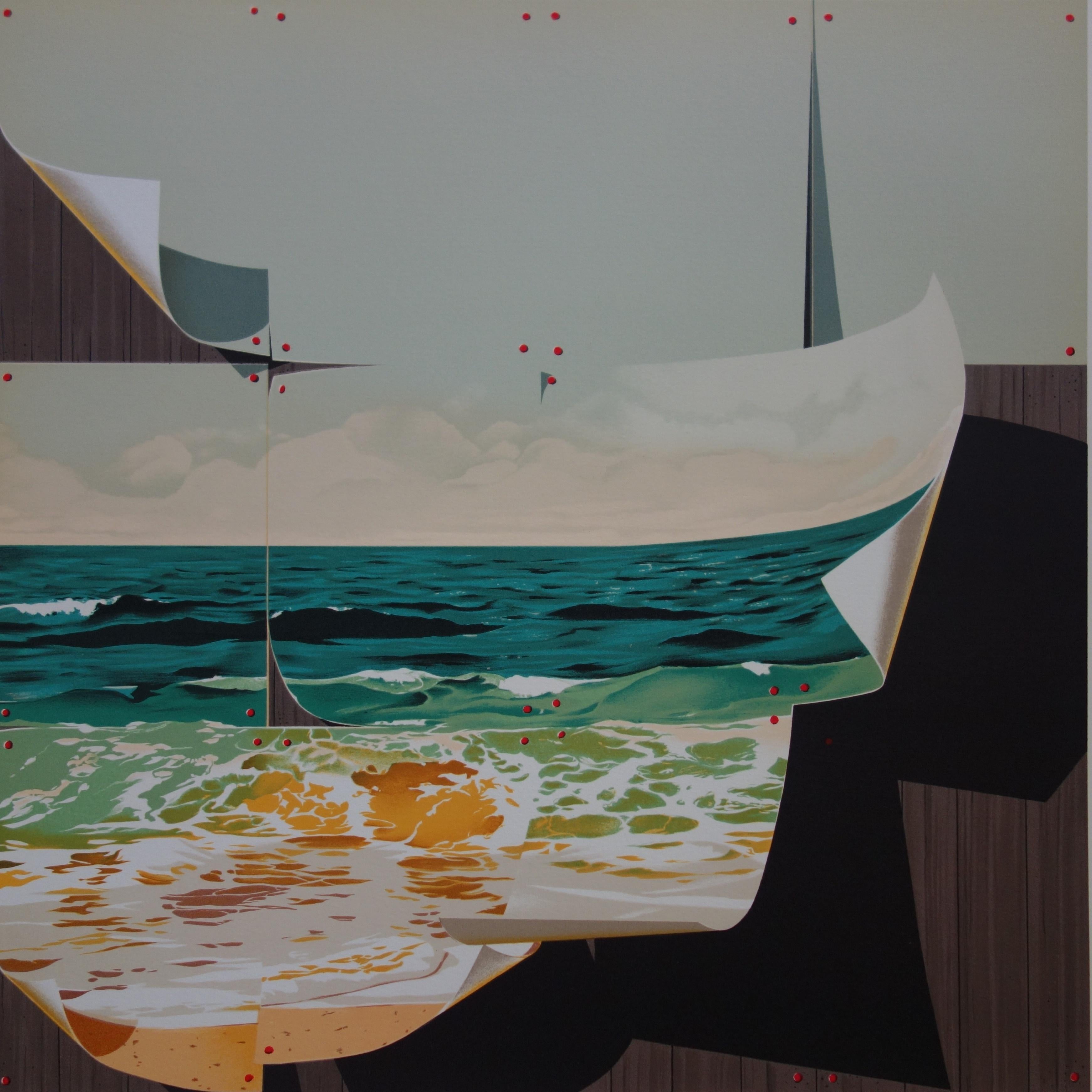 Surrealist Beach - Original handsigned lithograph - Gray Figurative Print by Jean-Pierre Henaut