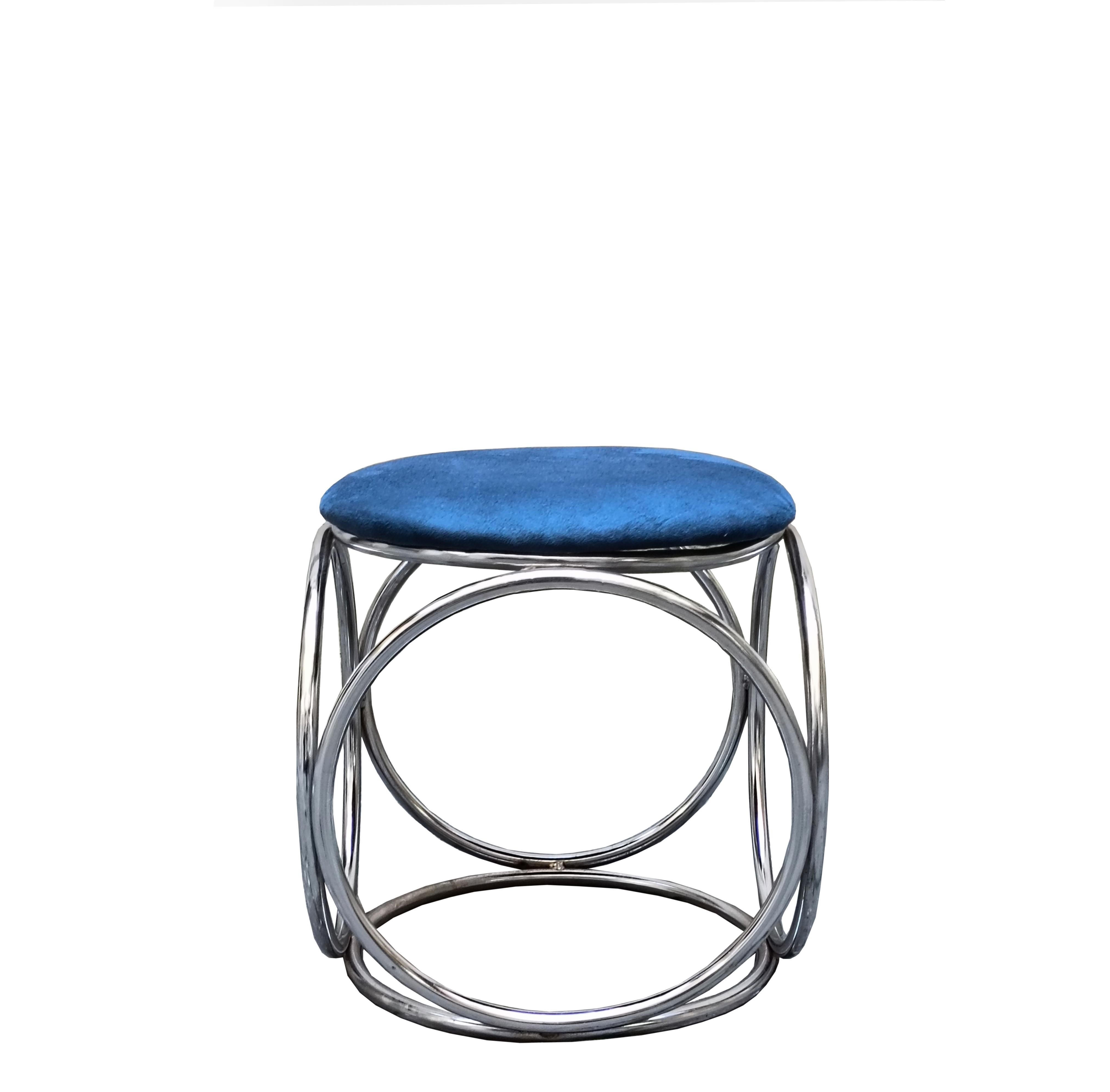 Stool composed of 6 tubular steel hoops  and round seat in blue fabric, attributed to Jean-Pierre Laporte...
Composed of a perforated chrome metal frame with a beautiful round graphic pattern on all four sides, and the  blue fabric seat