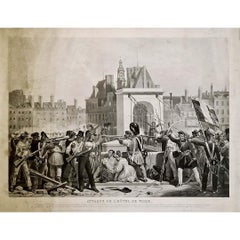 Circa 1840 engraving "Attaque de l'Hôtel de Ville - Trois Glorieuses" by Jazet