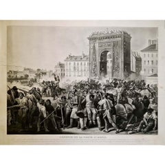 Circa 1840 engraving "Défense de la Porte St-Denis - Trois Glorieuses" by Jazet