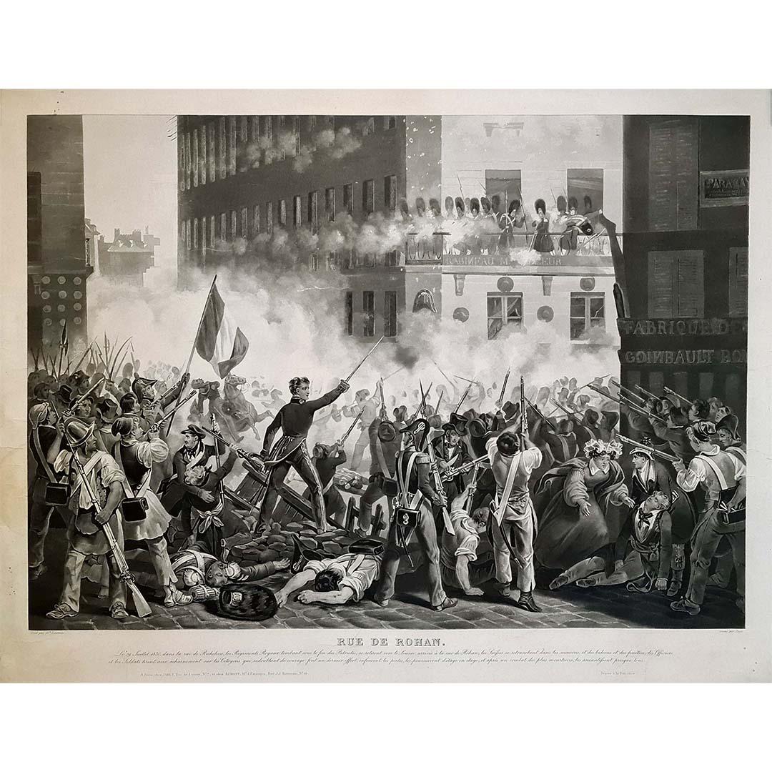 Circa 1840 engraving titled "Rue de Rohan - Trois Glorieuses" engraved by Jazet