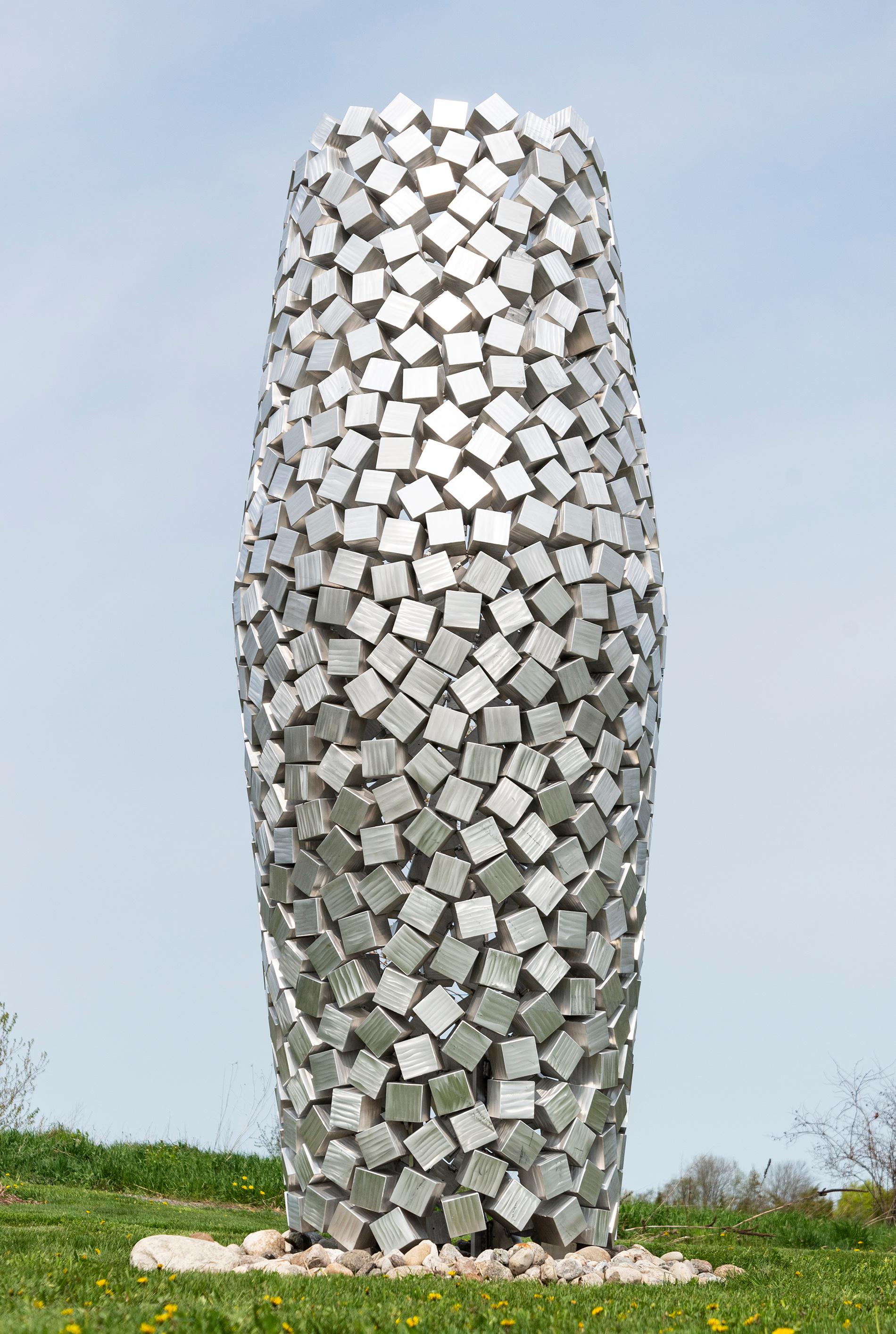 Jean-Pierre Morin Abstract Sculpture - Cones 690 - tall, geometric abstract, polished aluminum outdoor sculpture