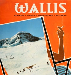 Original Vintage Poster Wallis Valais Ski Resort Winter Sport Deck Chair Design