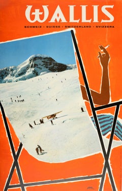 Original Retro Poster Wallis Valais Ski Resort Winter Sport Deck Chair Design