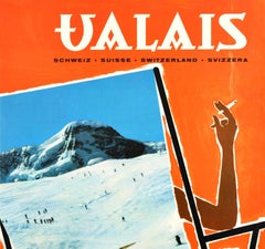 Original Vintage Swiss Poster Valais Switzerland Winter Travel Skiing Sunbathing