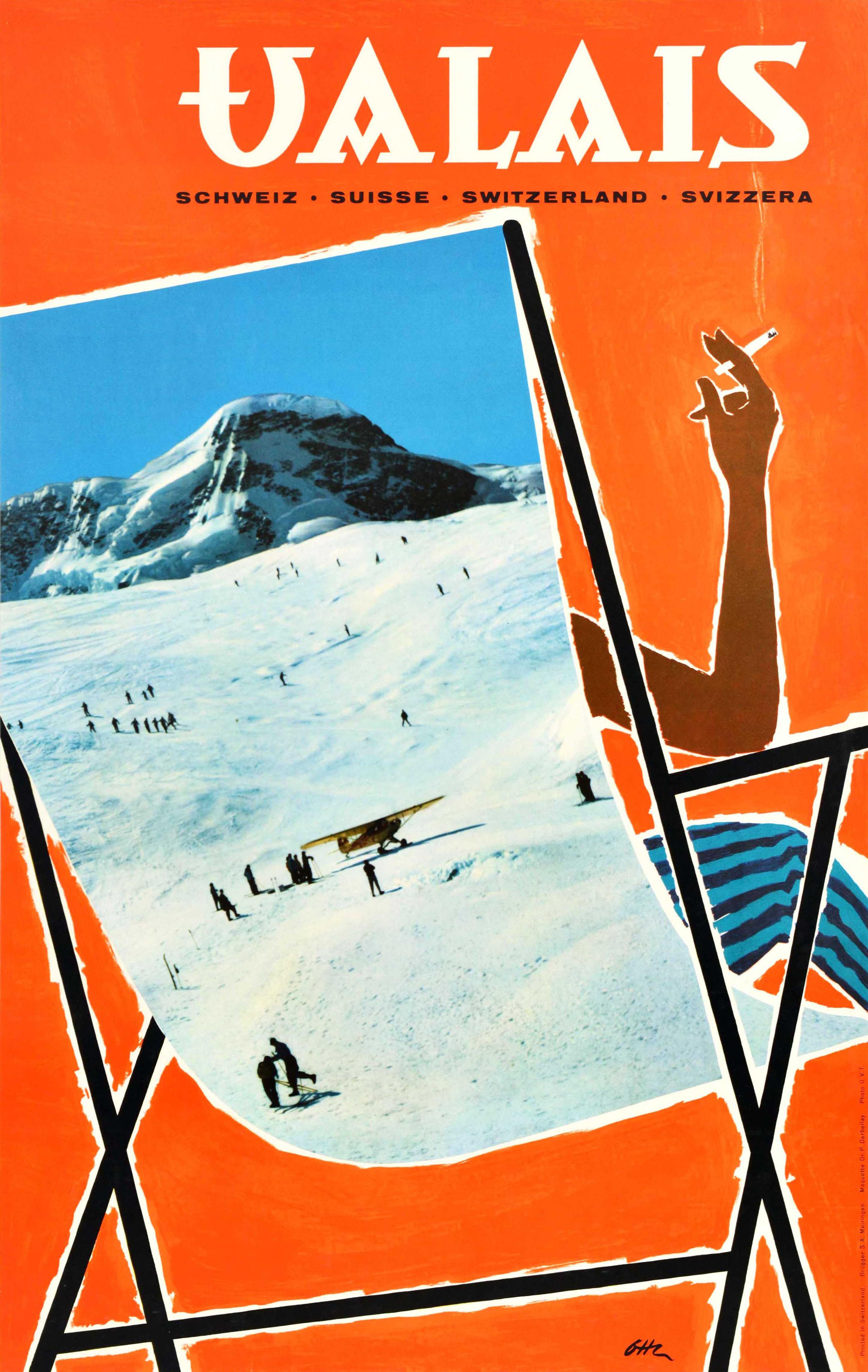 Jean Pierre Otth Print - Original Vintage Swiss Poster Valais Switzerland Winter Travel Skiing Sunbathing