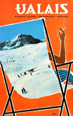 Original Retro Swiss Poster Valais Switzerland Winter Travel Skiing Sunbathing
