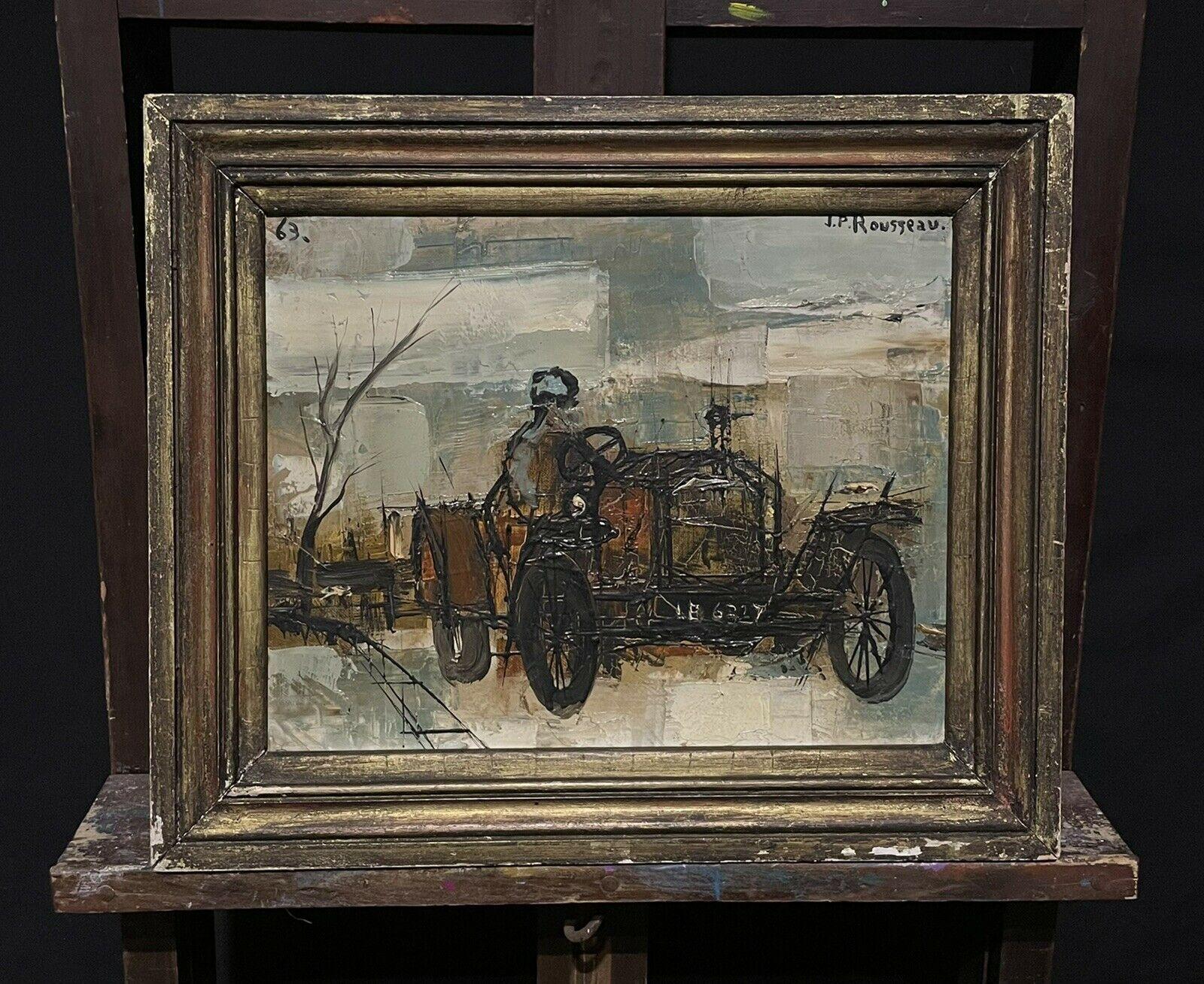 1960's French Modernist Signed Oil Man Driving 1900's Vintage Car - Painting by Jean Pierre Rousseau