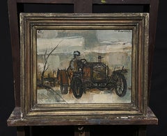 Huile signée par un moderniste français des années 1960 Homme conduisant une voiture vintage des années 1900