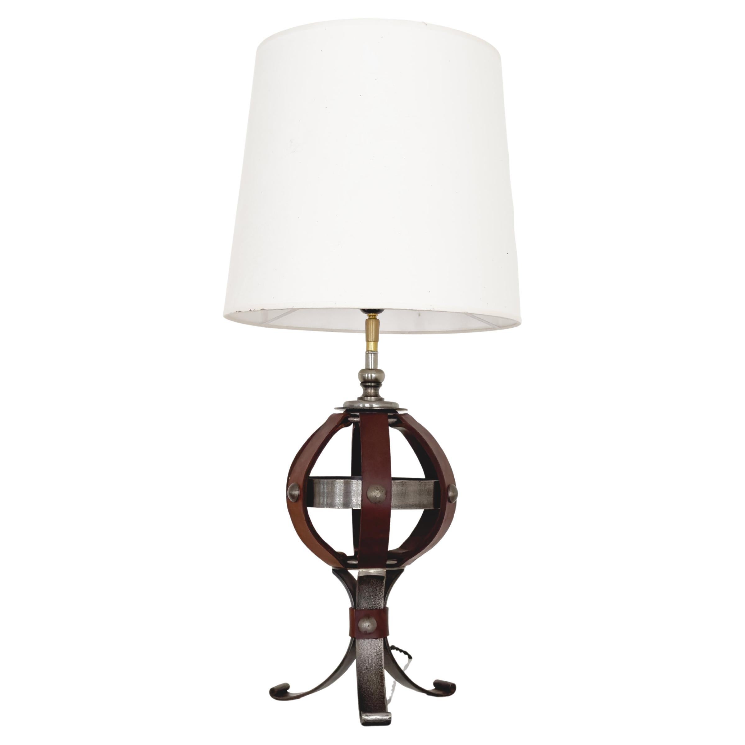 Jean-Pierre Ryckaert, 20th Century Table lamp in Burgundy Leather & Metal, 1950