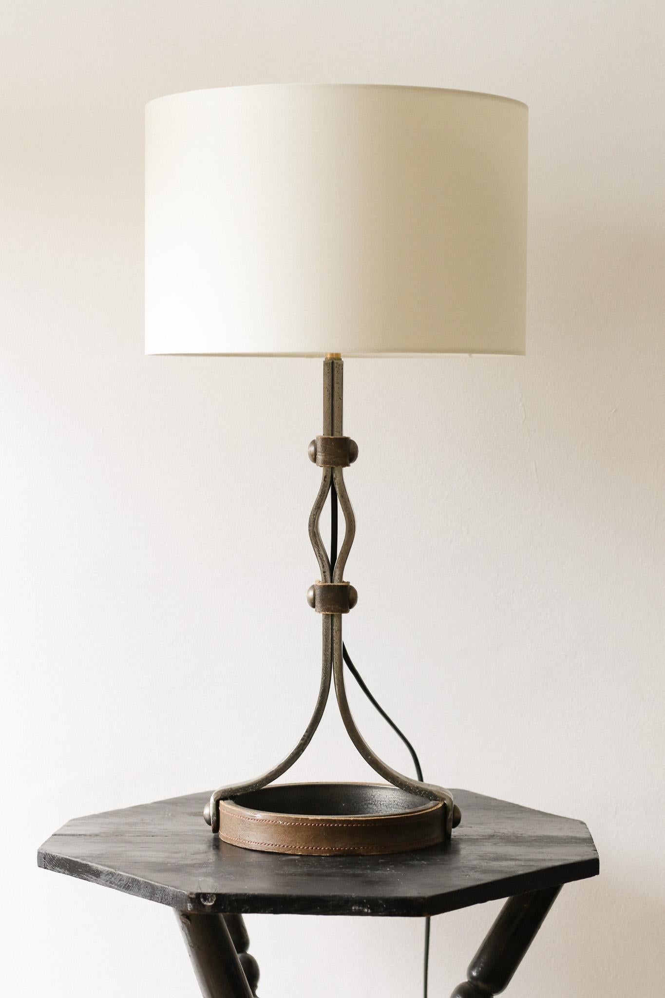 Mid-Century Modern Jean-Pierre Ryckaert Iron & Leather Table Lamp