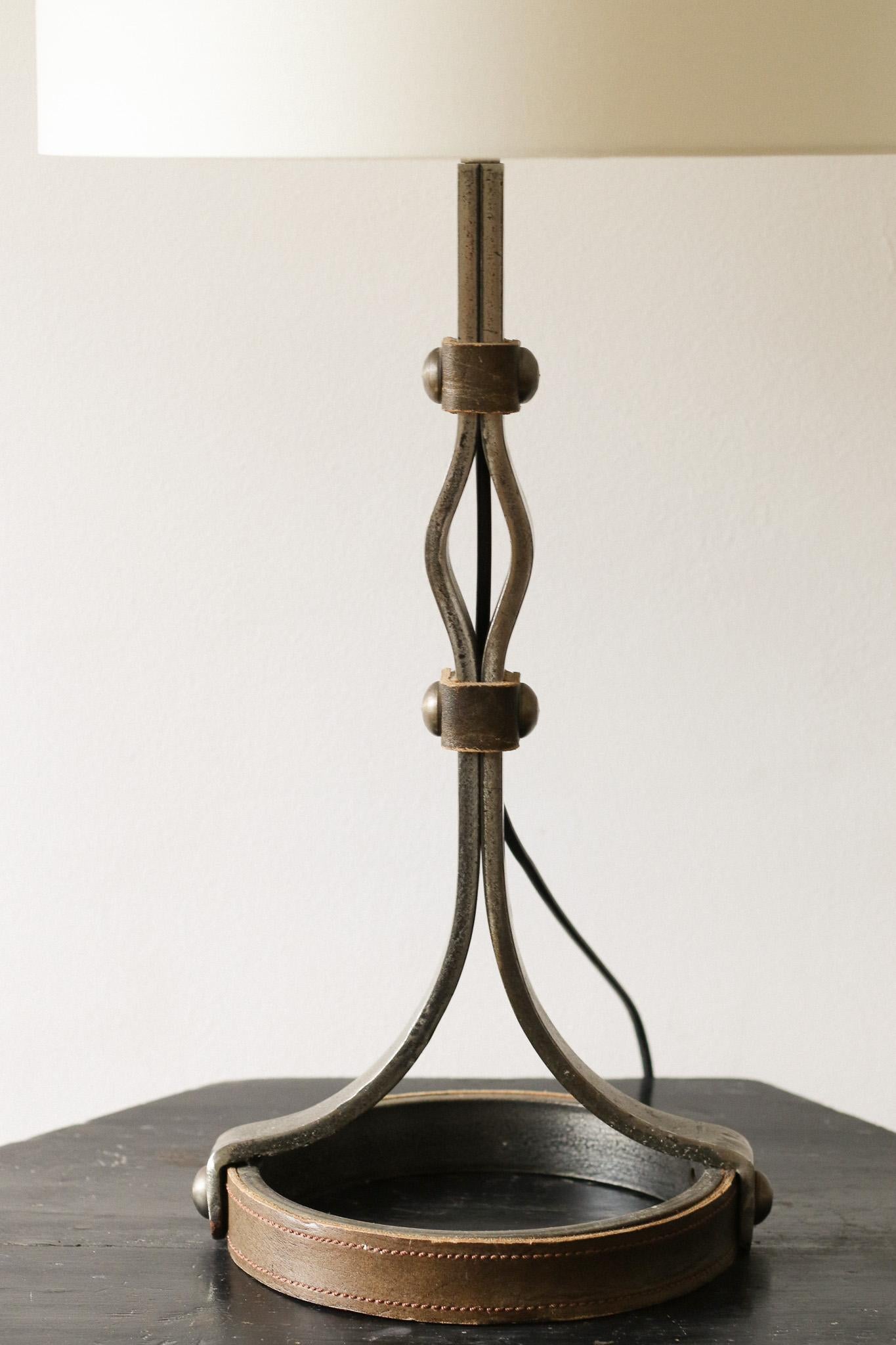 French Jean-Pierre Ryckaert Iron & Leather Table Lamp