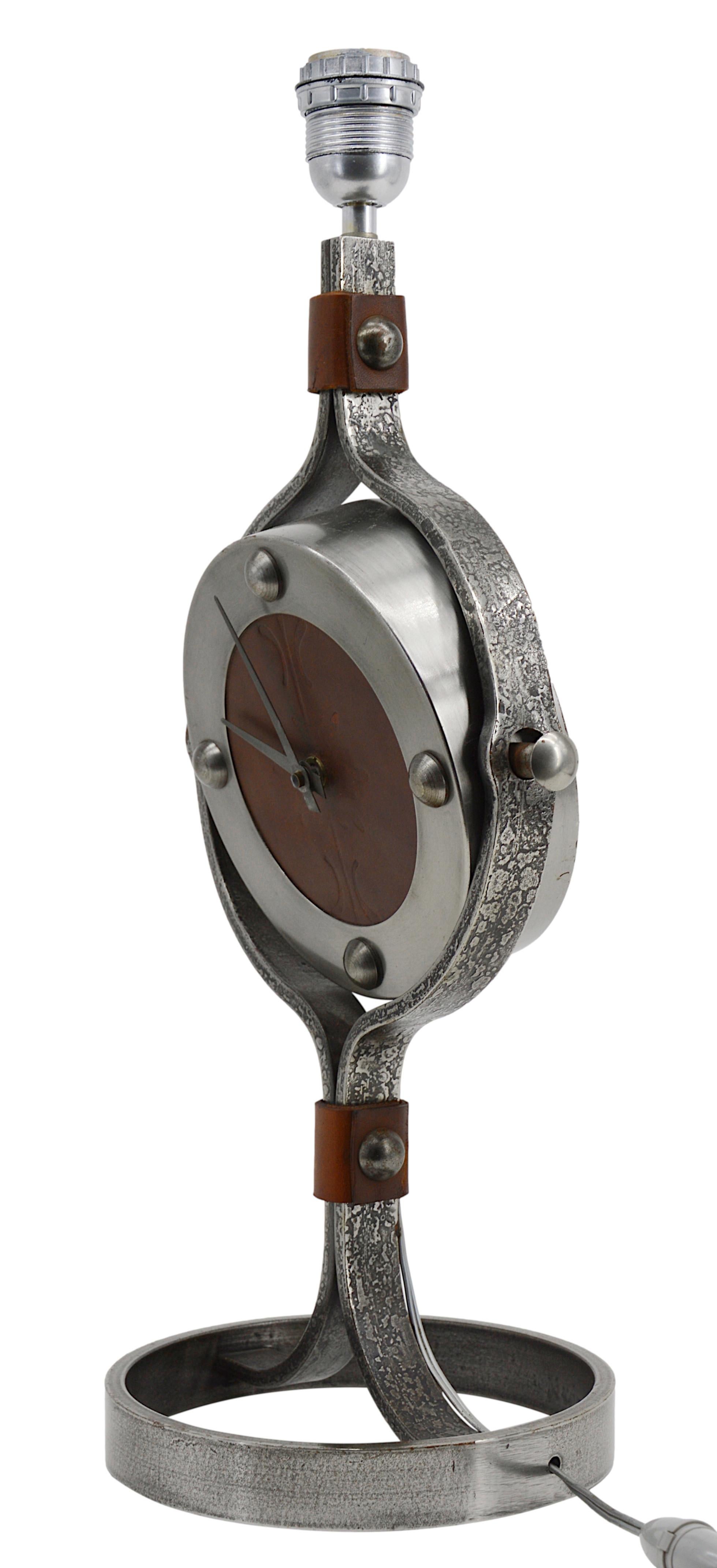Leather Jean-Pierre Ryckaert Large Midcentury Clock Lamp, circa 1950 For Sale