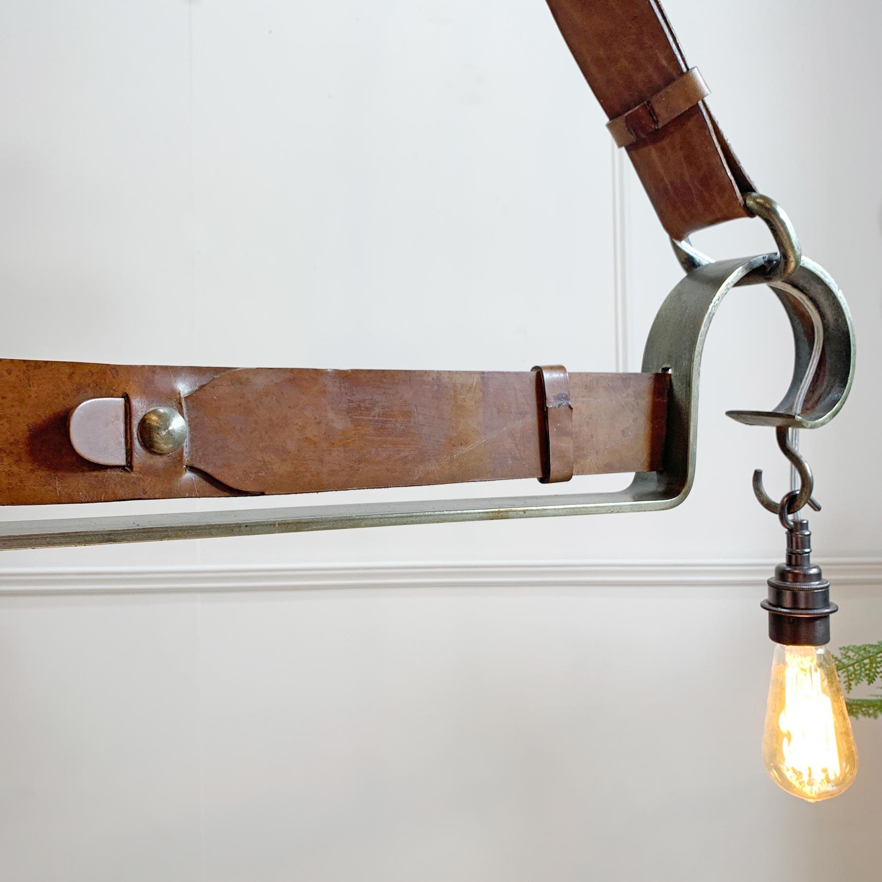 Jean-Pierre Ryckaert Tan Leather Strap and Steel Ceiling Pendant Light For Sale 2