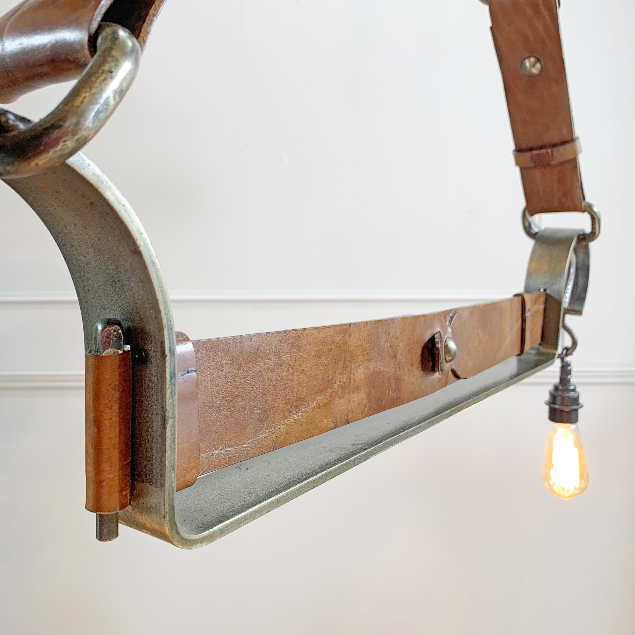 Jean-Pierre Ryckaert Tan Leather Strap and Steel Ceiling Pendant Light For Sale 6