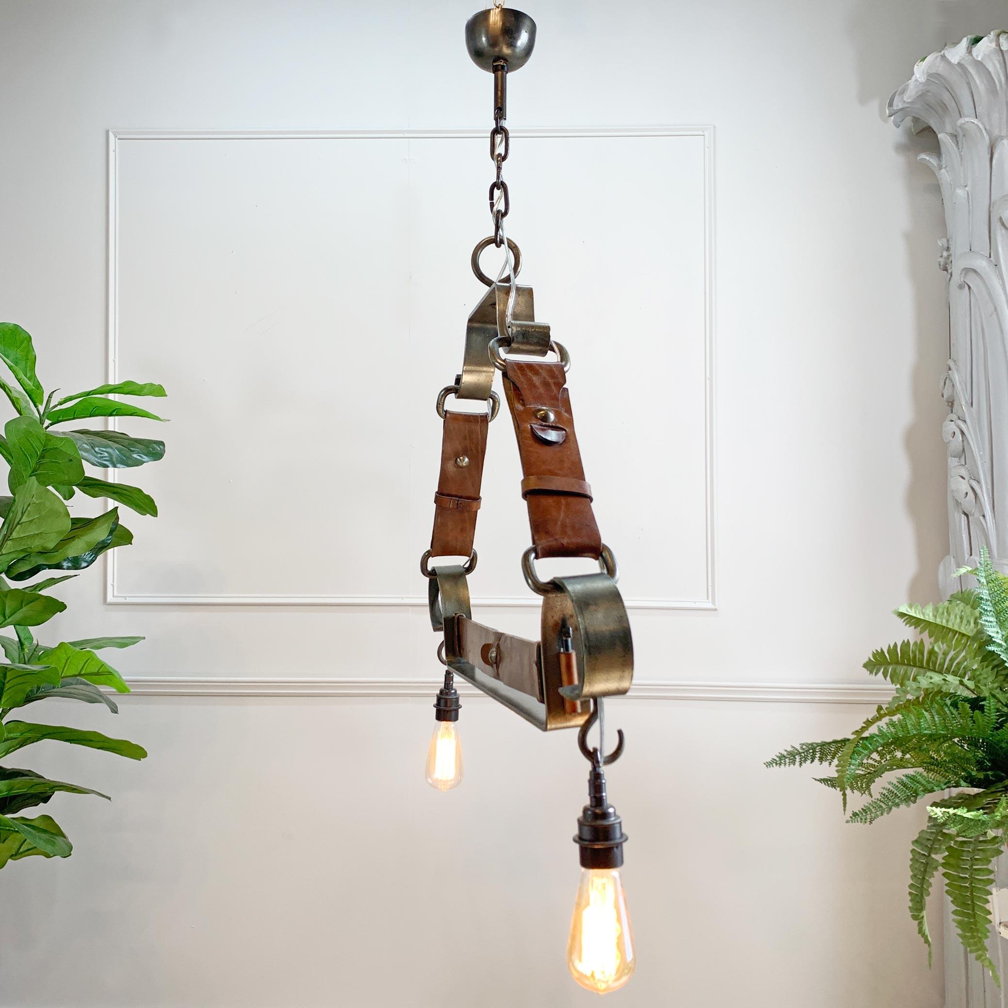 Brutalist Jean-Pierre Ryckaert Tan Leather Strap and Steel Ceiling Pendant Light For Sale