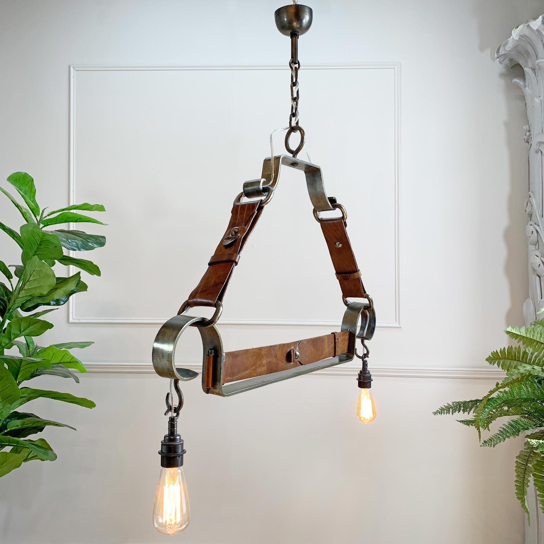 French Jean-Pierre Ryckaert Tan Leather Strap and Steel Ceiling Pendant Light For Sale