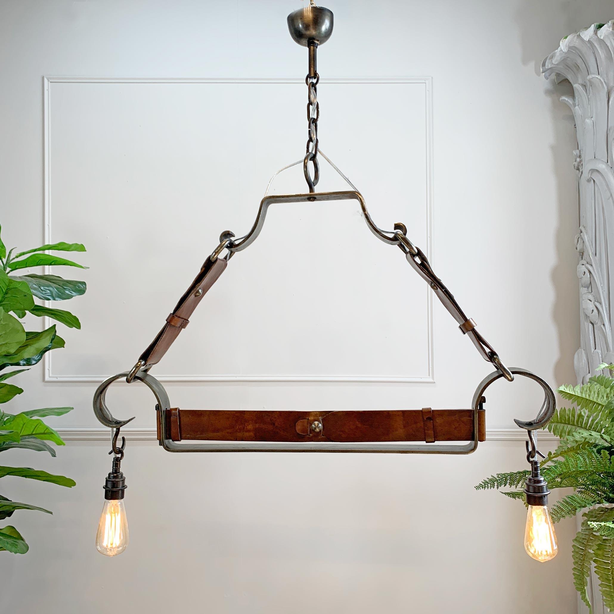 Hand-Crafted Jean-Pierre Ryckaert Tan Leather Strap and Steel Ceiling Pendant Light For Sale