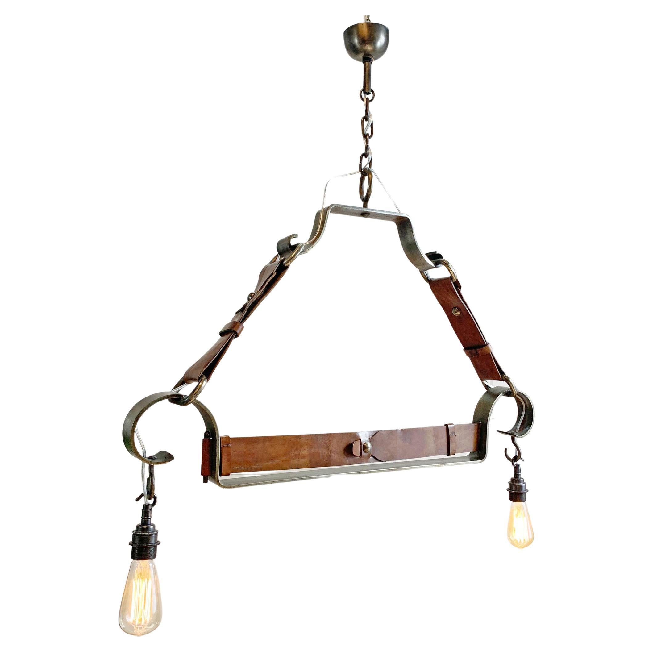 Jean-Pierre Ryckaert Tan Leather Strap and Steel Ceiling Pendant Light For Sale