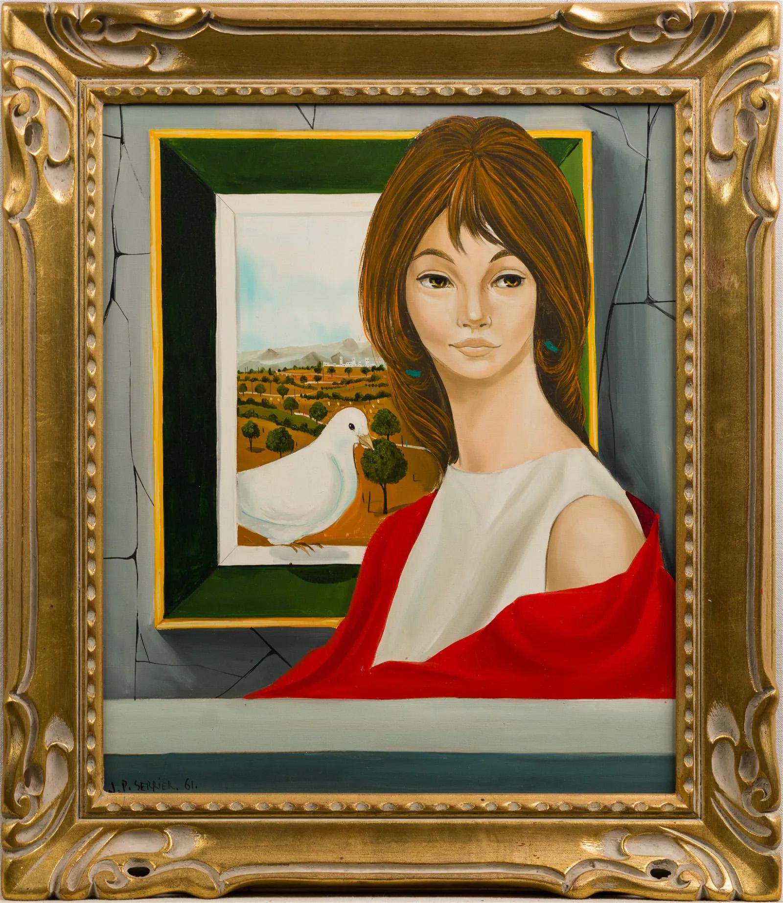 Jean Pierre Serrier Landscape Painting -  Vintage French Surreal Young Woman Portrait Framed Modernist Oil Painting