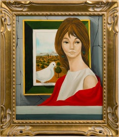  Retro French Surreal Young Woman Portrait Framed Modernist Oil Painting