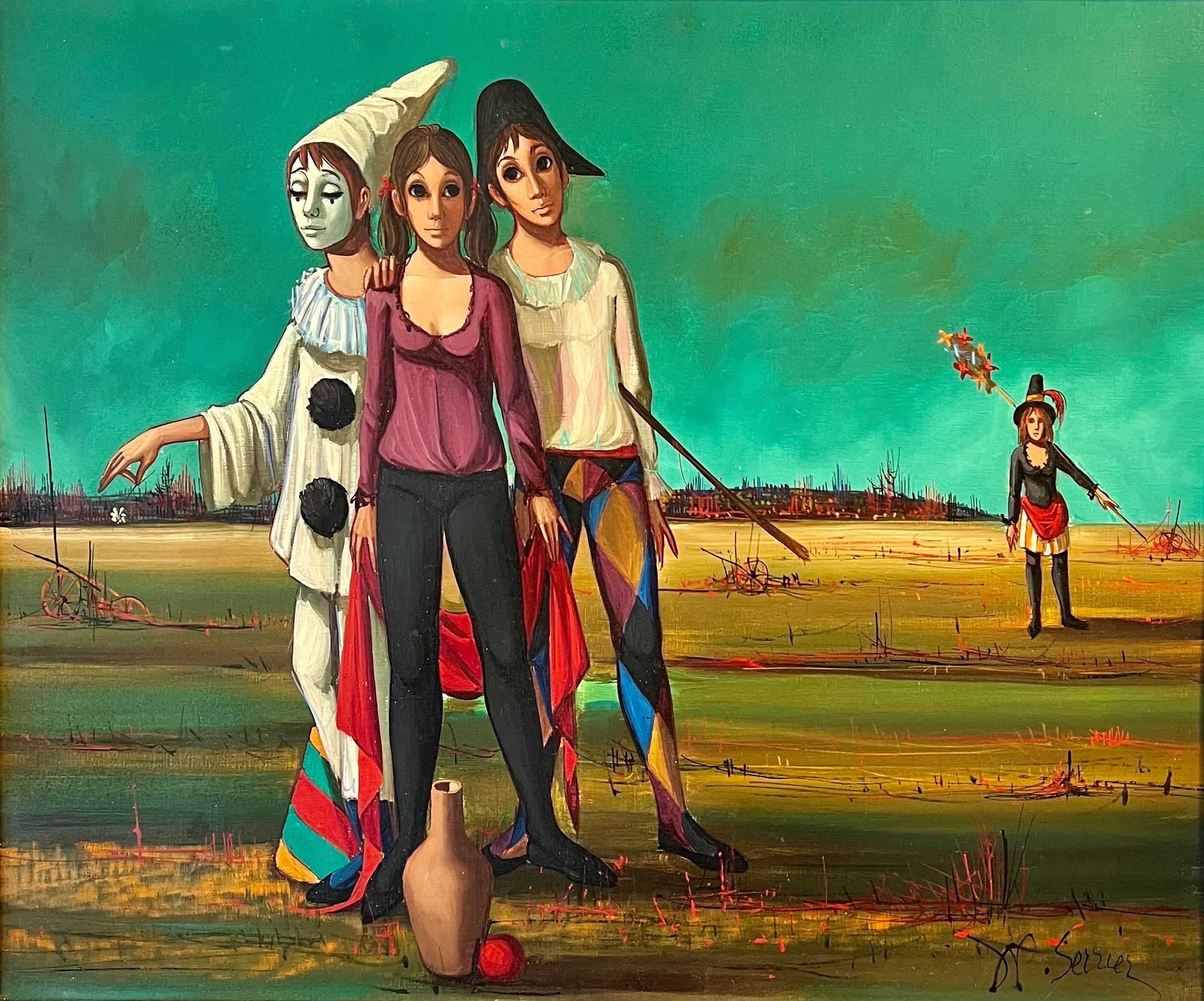 Französisches Ölgemälde, Surrealistische Kommedia dell'arte, Zirkusszene, Ölgemälde J.P. Serrier – Painting von Jean Pierre Serrier 