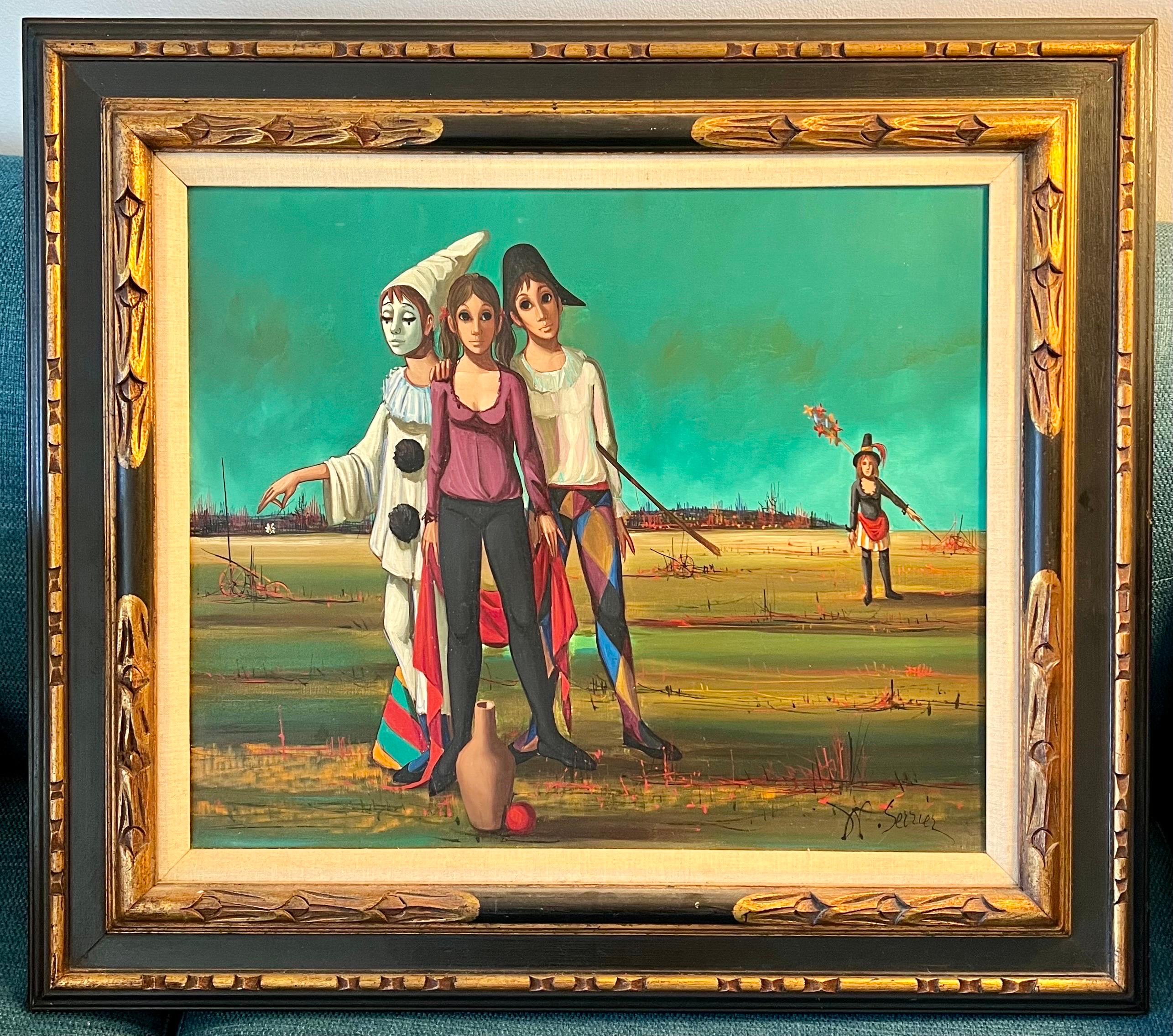 French Mod Surrealist Commedia dell'arte Circus Scene Oil Painting J.P. Serrier For Sale 1