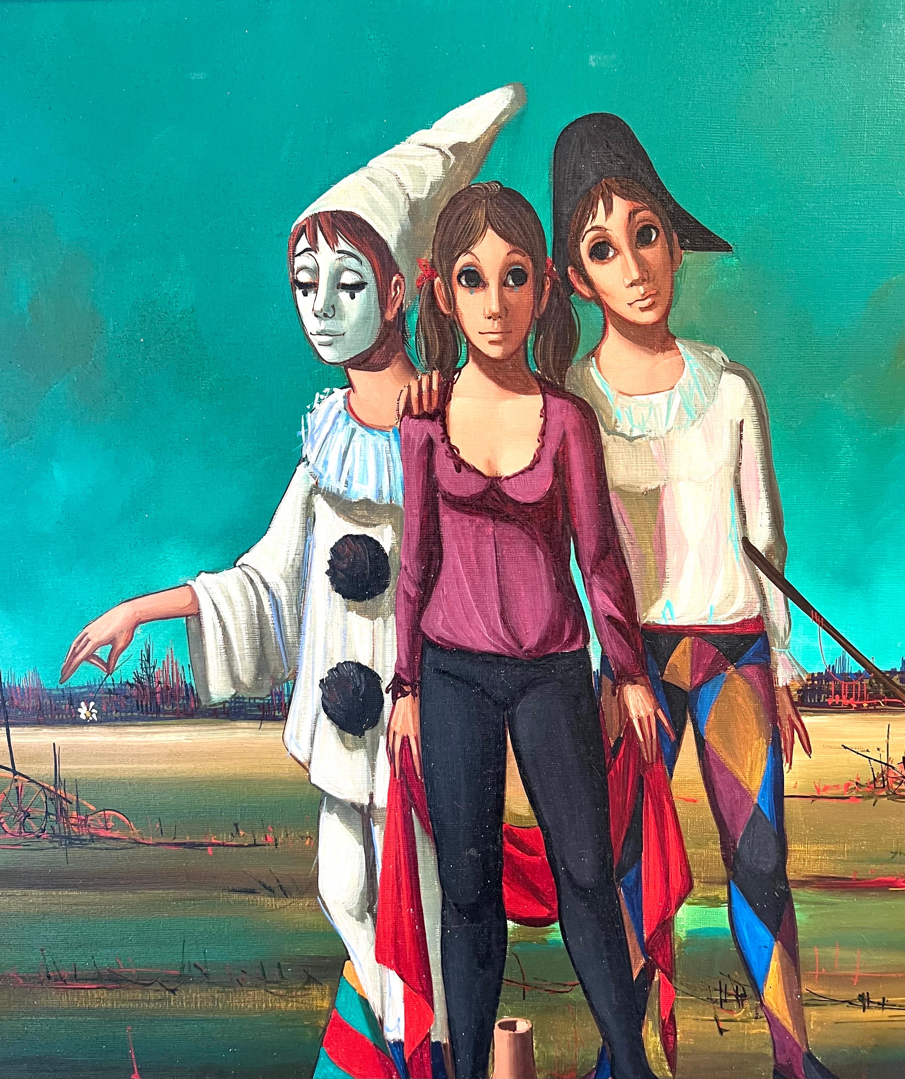 French Mod Surrealist Commedia dell'arte Circus Scene Oil Painting J.P. Serrier For Sale 2