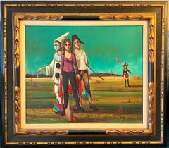 French Mod Surrealist Commedia dell'arte Circus Scene Oil Painting J.P. Serrier