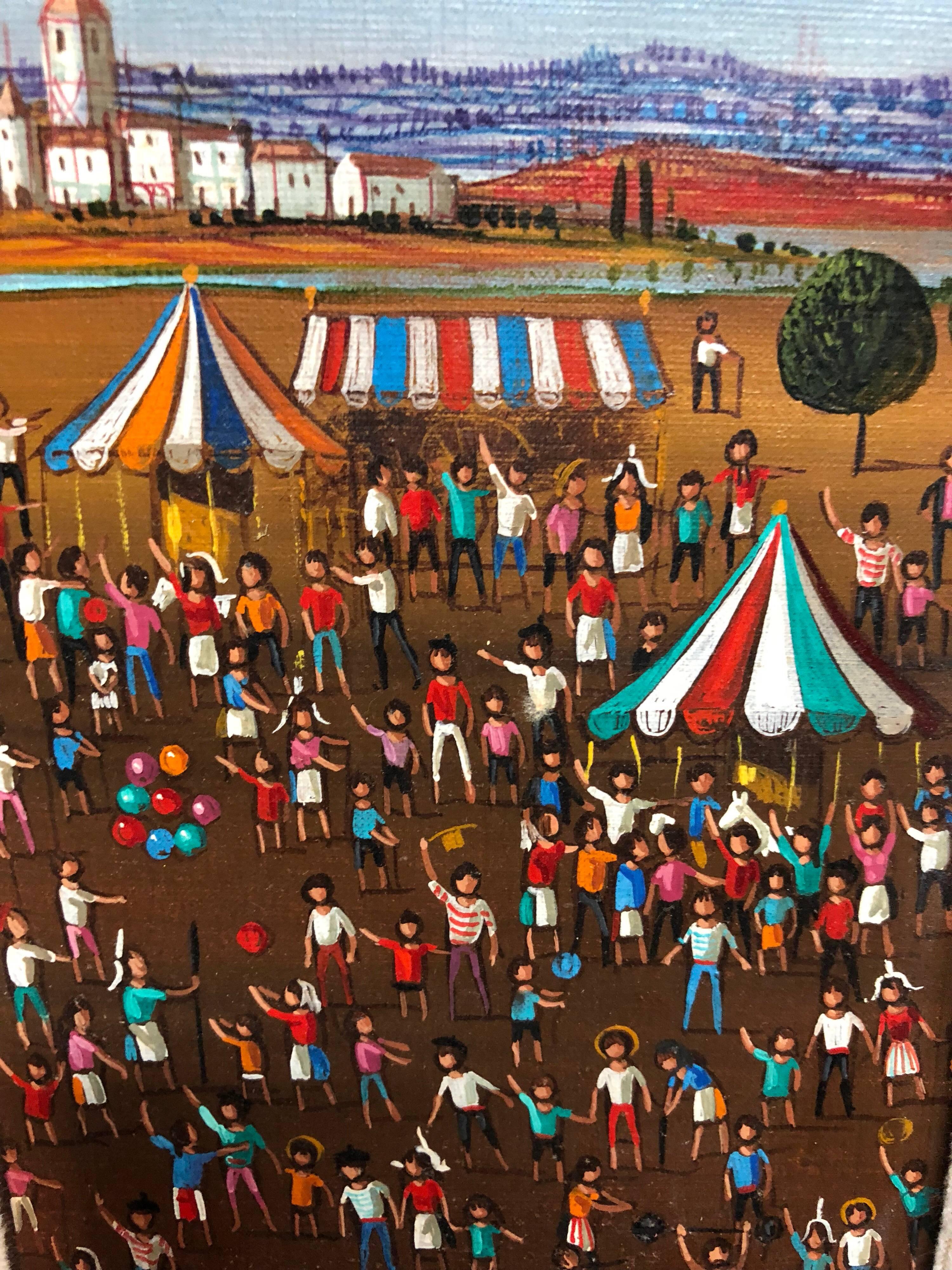 Französische surrealistische Zirkusszene, Kinder mit Ballons, Ölgemälde J.P. Serrier (Surrealismus), Painting, von Jean Pierre Serrier 