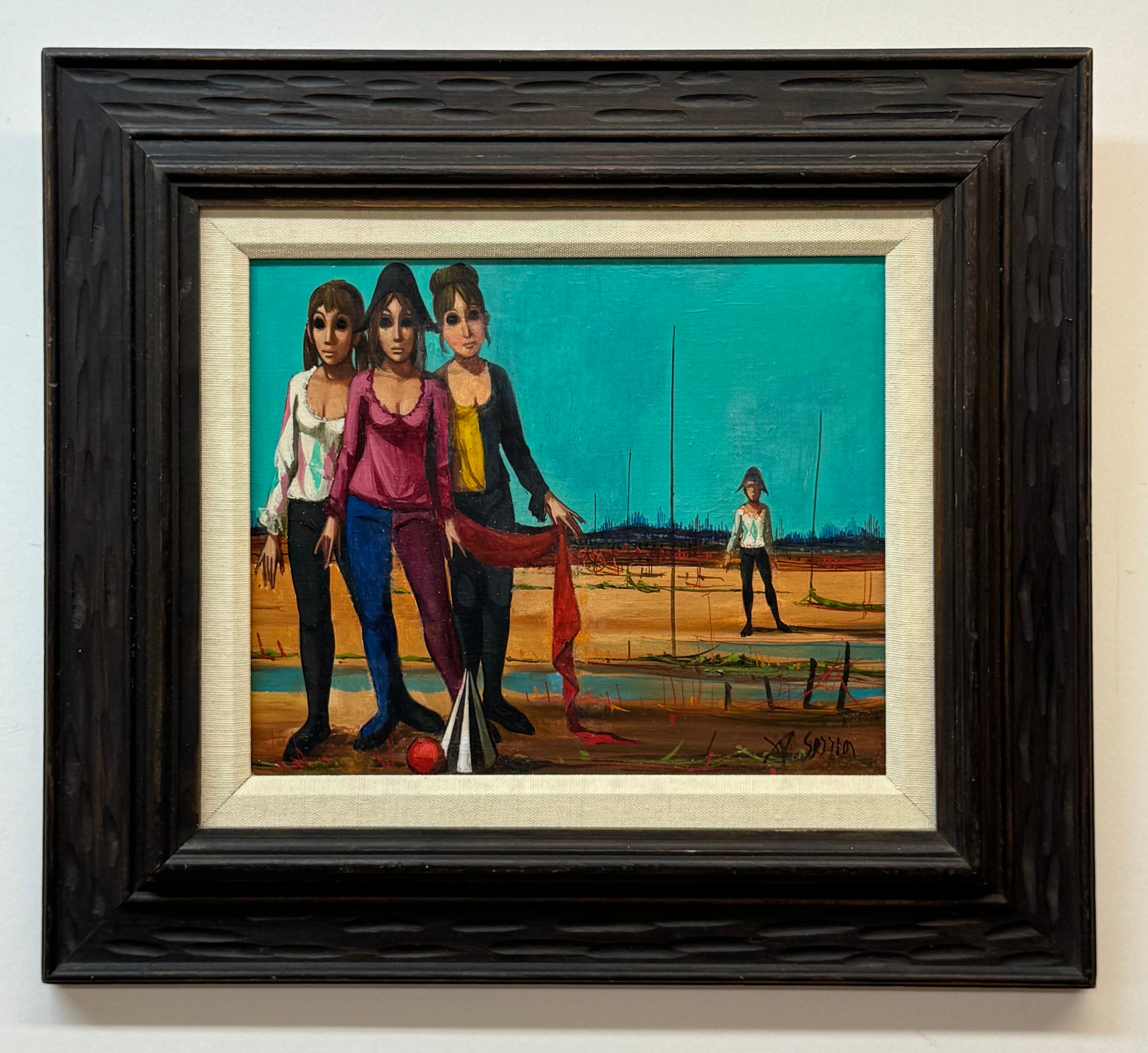 Jean Pierre Serrier  Figurative Painting – Drei Frauen mit Harlekin-Hintergrund