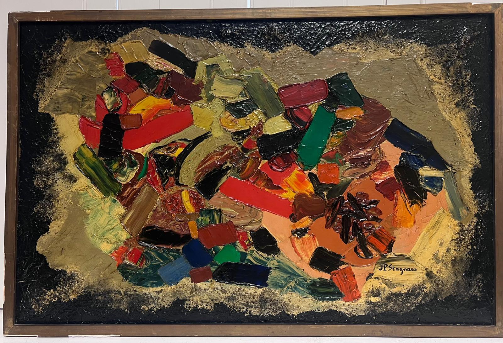 Pittura ad olio cubista astratta francese degli anni '60, esposizione del salone di Parigi, firmata ed etichettata - Painting di Jean Pierre Stagnaro