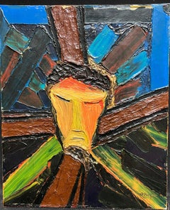 1960's French Expressionist Oil Painting Portrait of Christ Crucifixion