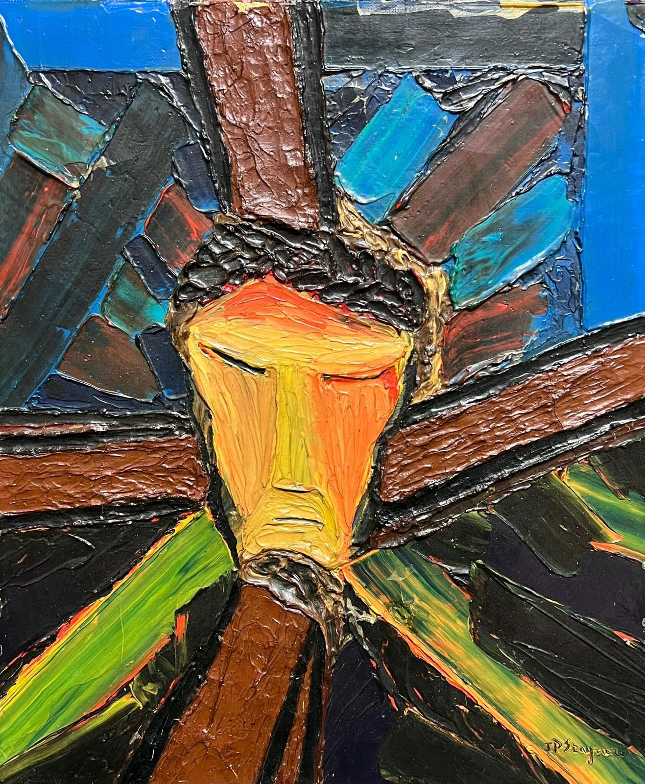 Jean Pierre Stagnaro Figurative Painting - 1960's French Expressionist Oil Painting Portrait of Christ Crucifixion