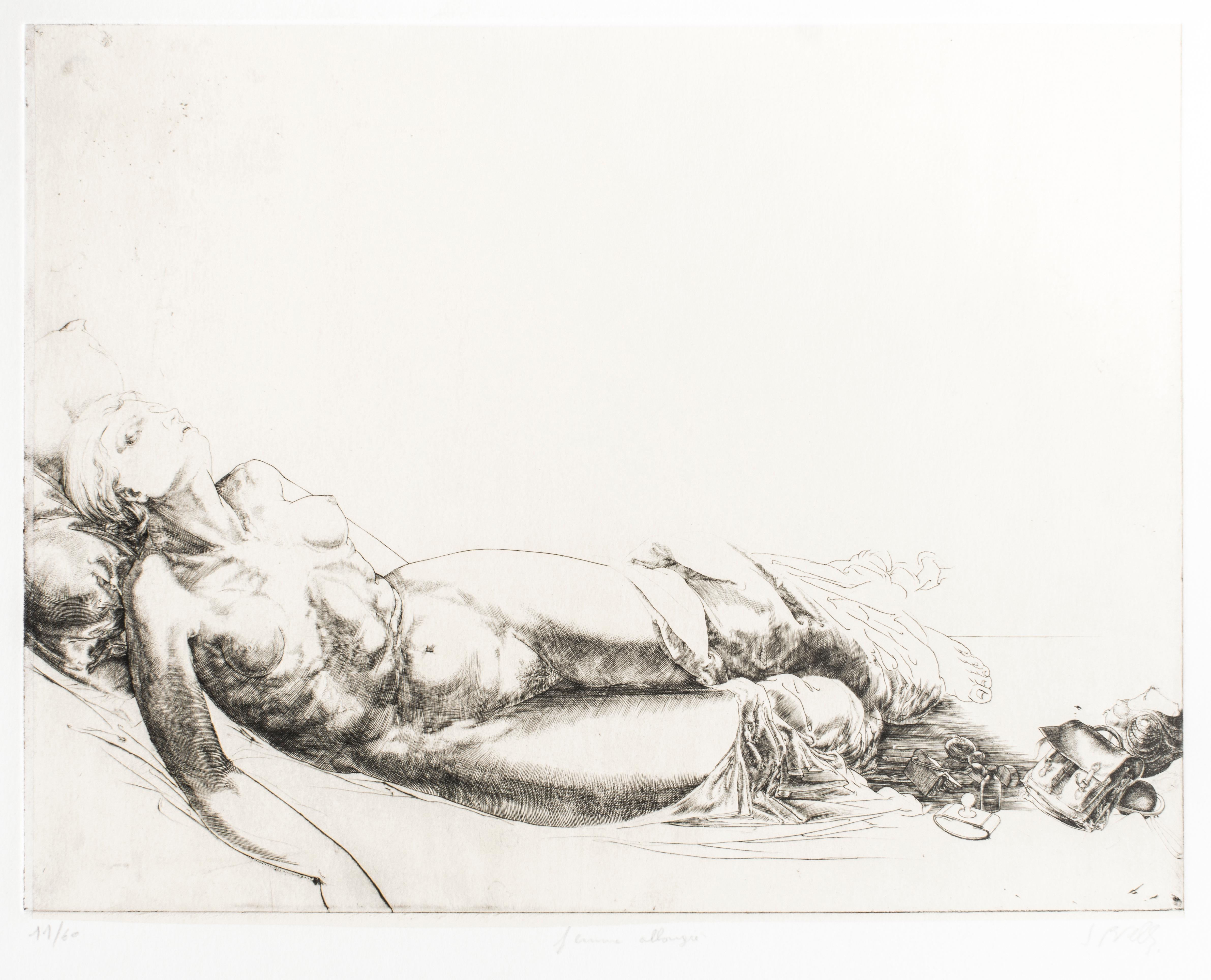 Femme Allongée / Lying Woman - Original Etching and Drypoint by J.P. Velly  - Print by Jean Pierre Velly