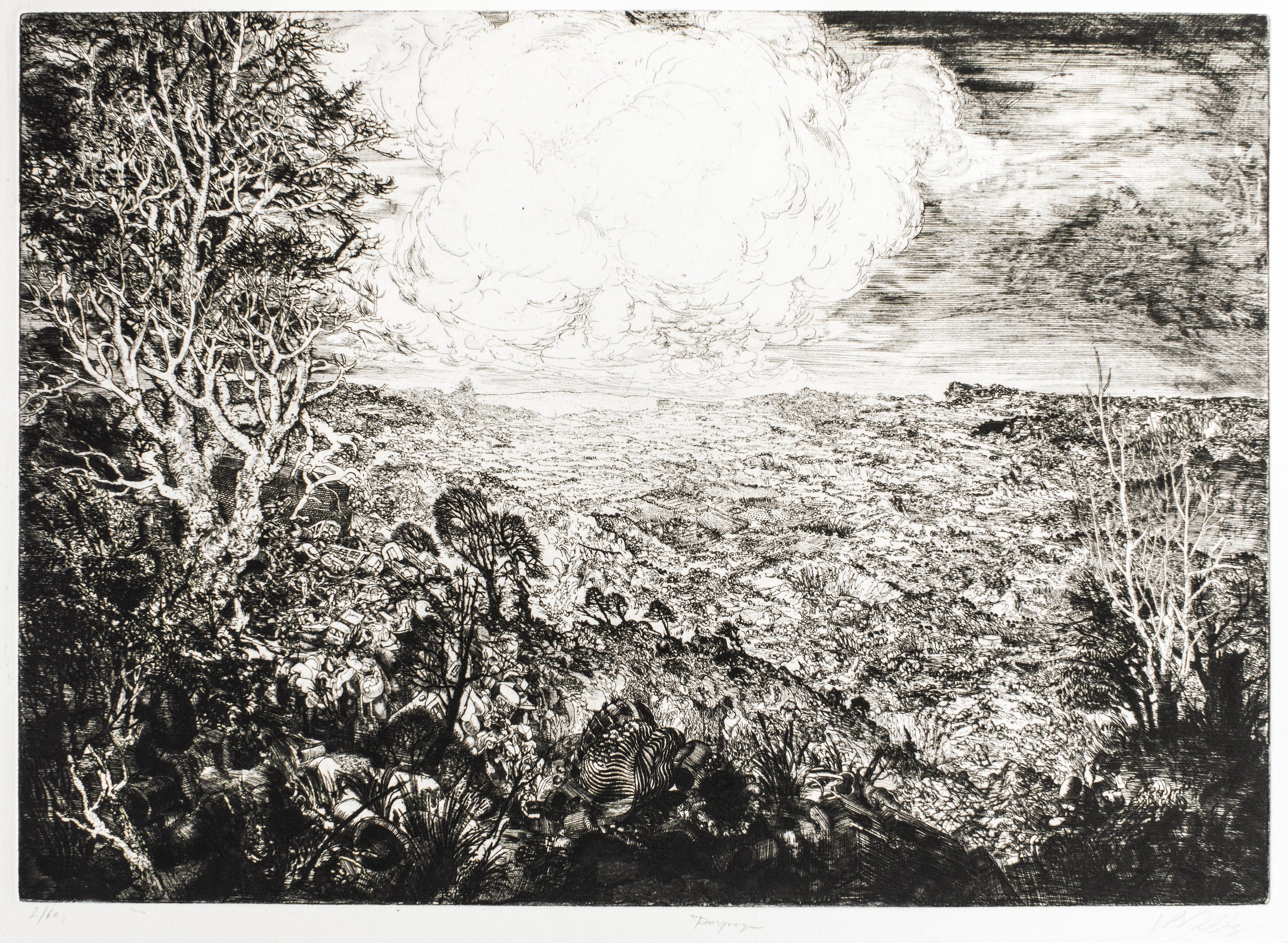 Jean Pierre Velly Figurative Print - Landscape with Cars - Original Etching by J.P. Velly - 1969