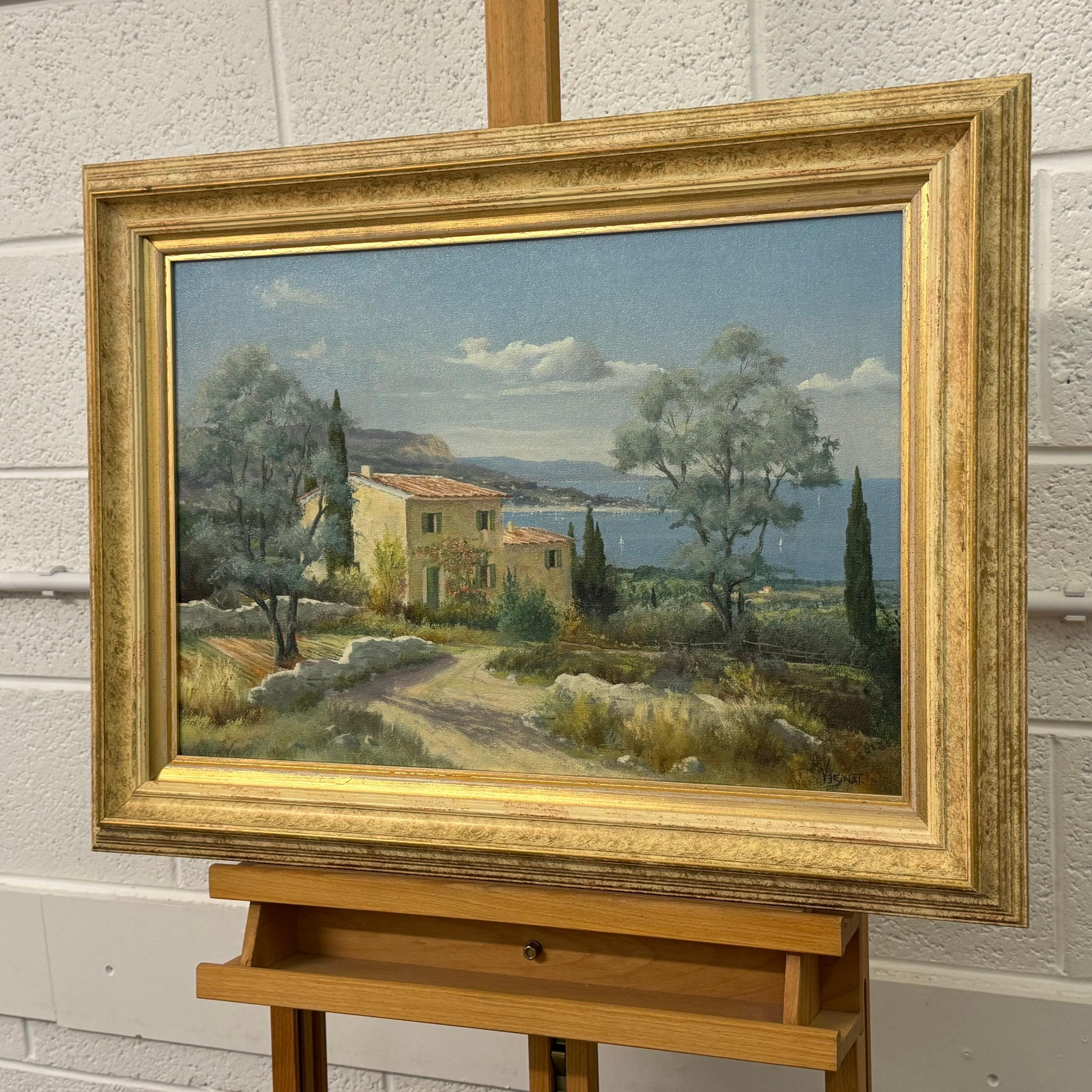 Scena costiera mediterranea con proprietà rurale e alberi nella campagna francese - Figurative Painting Marrone di Jean-Pierre Vignat