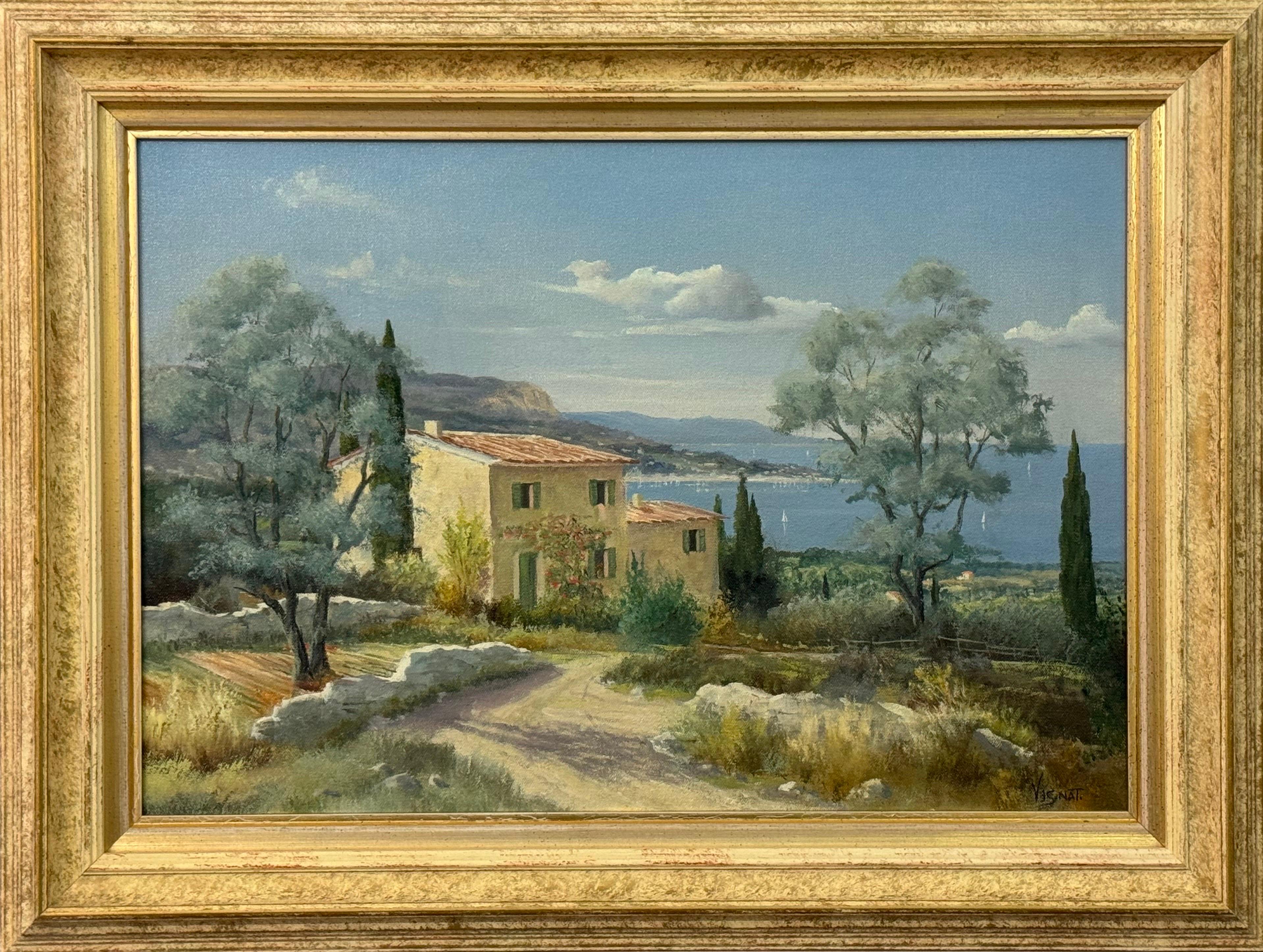 Figurative Painting di Jean-Pierre Vignat - Scena costiera mediterranea con proprietà rurale e alberi nella campagna francese