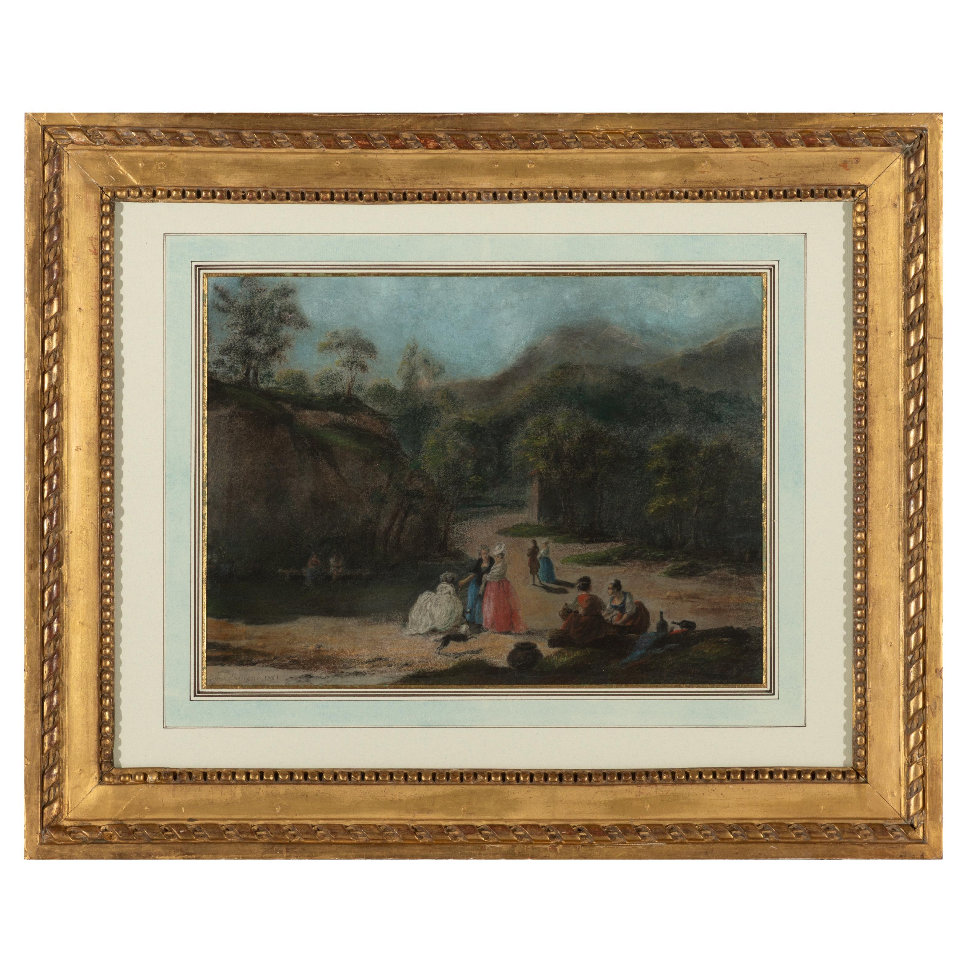 Untitled, Pastel on Paper by Jean Pillement, Signed and Dated 1781 For Sale