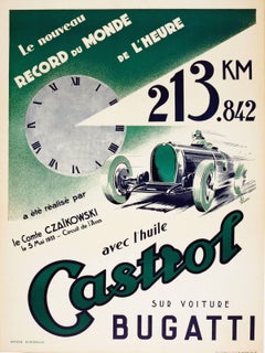 Vintage Original 1933 Bugatti World Record Motor Racing Poster Sponsored By Castrol Oil