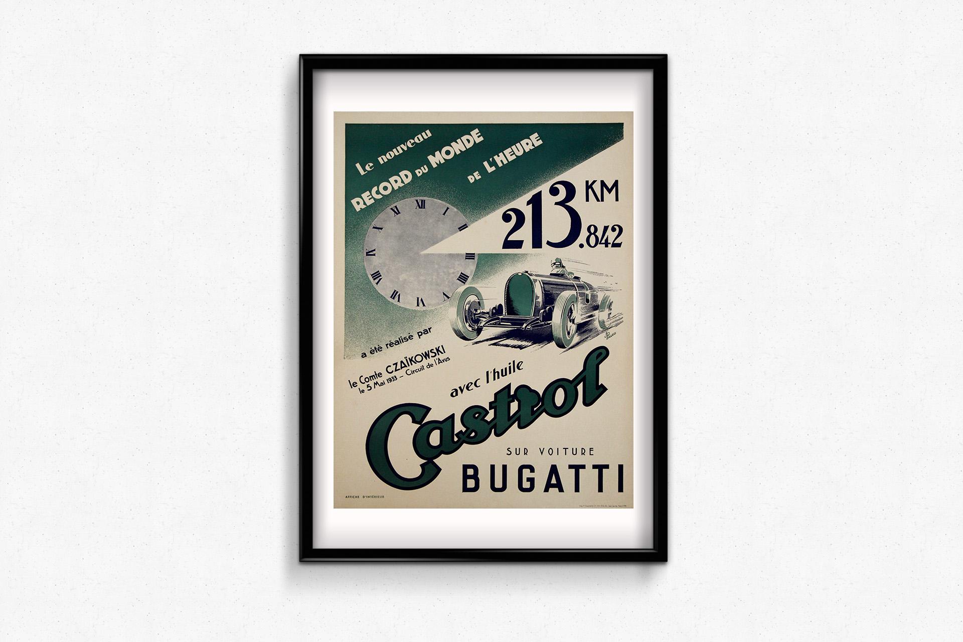 Poster originale del 1933 dell'artista J. Pillod - Castrol-Bugatti - Print Art Déco di Jean Pillod