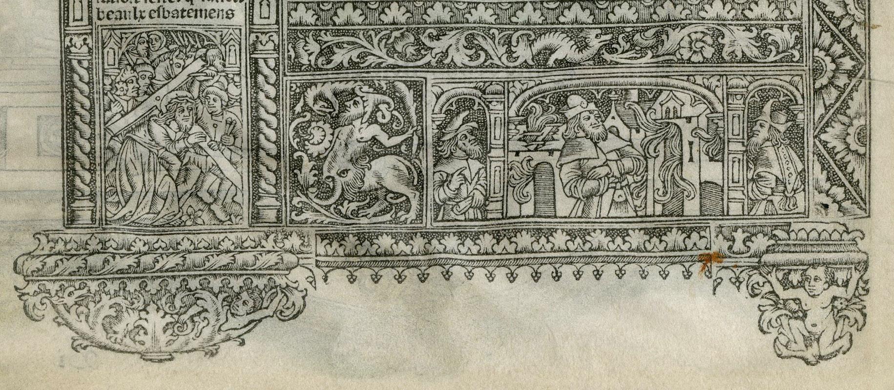 Jean Pichore workshop, 1500-1541
Crucifixion
Metal cut engraving printed on vellum with vintage hand coloring
c. 1500-1541
Miniature (image) size: 4 3/4 x 3 1/8
