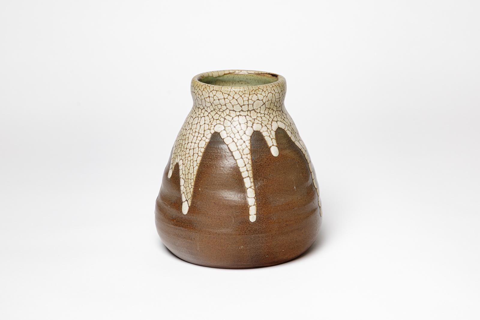 Art Déco Jean Pointu vaso in ceramica art deco del XX secolo, marrone e bianco, 1940 in vendita