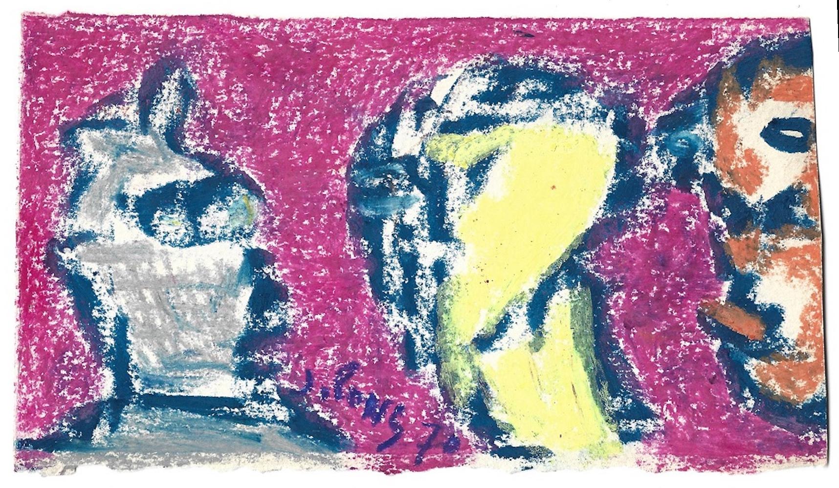 Composition  is an original oil pastels drawing on paper, realized in 1970 by the French artist Jean Pons (1913- 2005). 

This contemporary artwork, signed and dated on the front and on the lower margin at the center, reports autograph notes (a