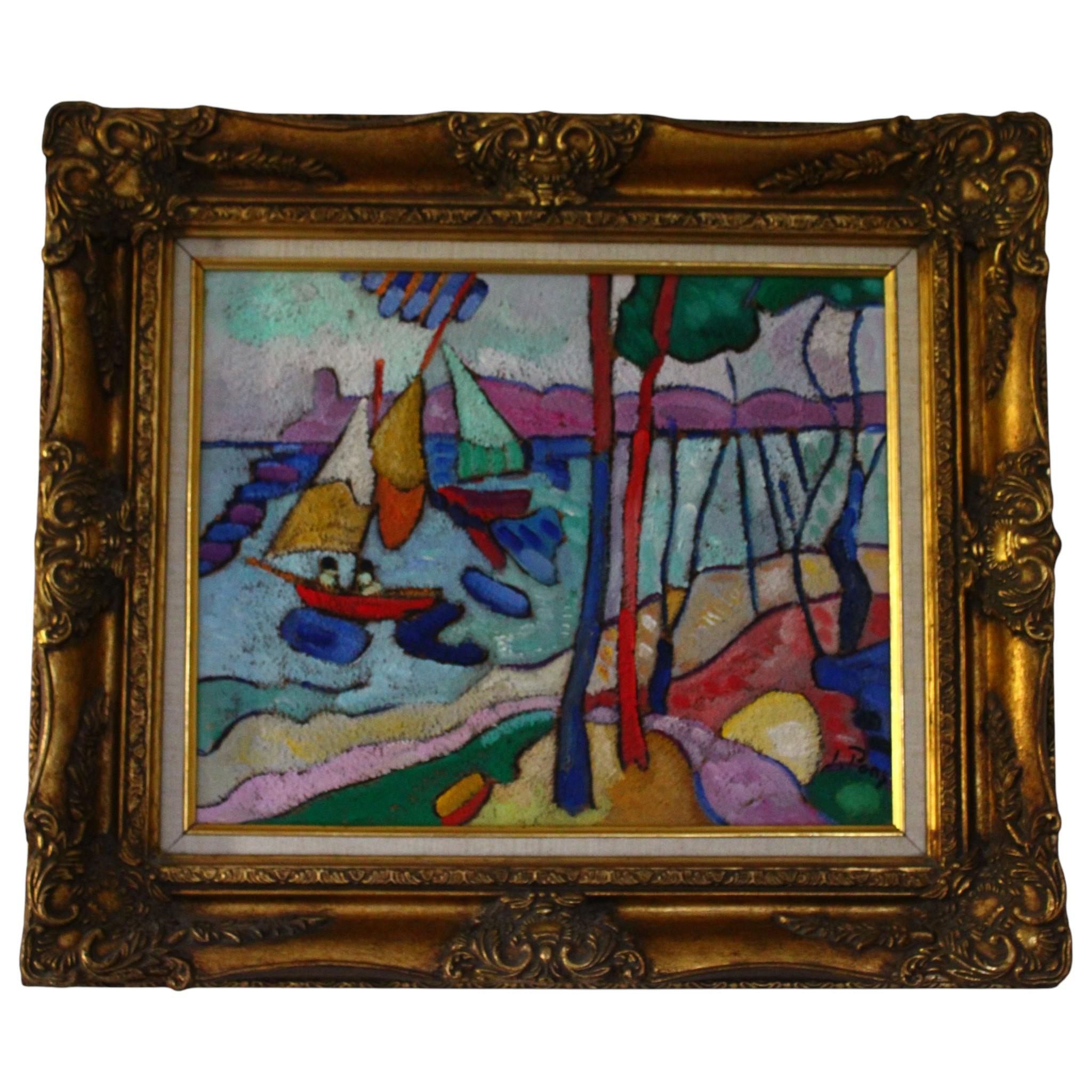 Peinture à l'huile de style « Mid-Century Modern » représentant un thème impressionniste abstrait français, dans un cadre doré
